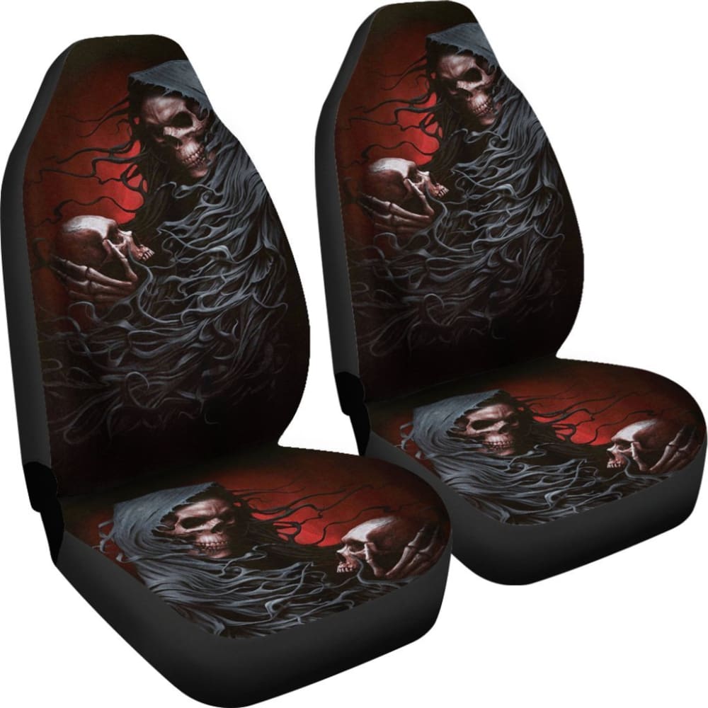 2 Pcs Gothic Skull Car Seat Covers - Universal Fit for Cars, Trucks & SUVs - Black PU Leather with Skull Design - Perfect for Halloween, Gothic Style & Car Accessories