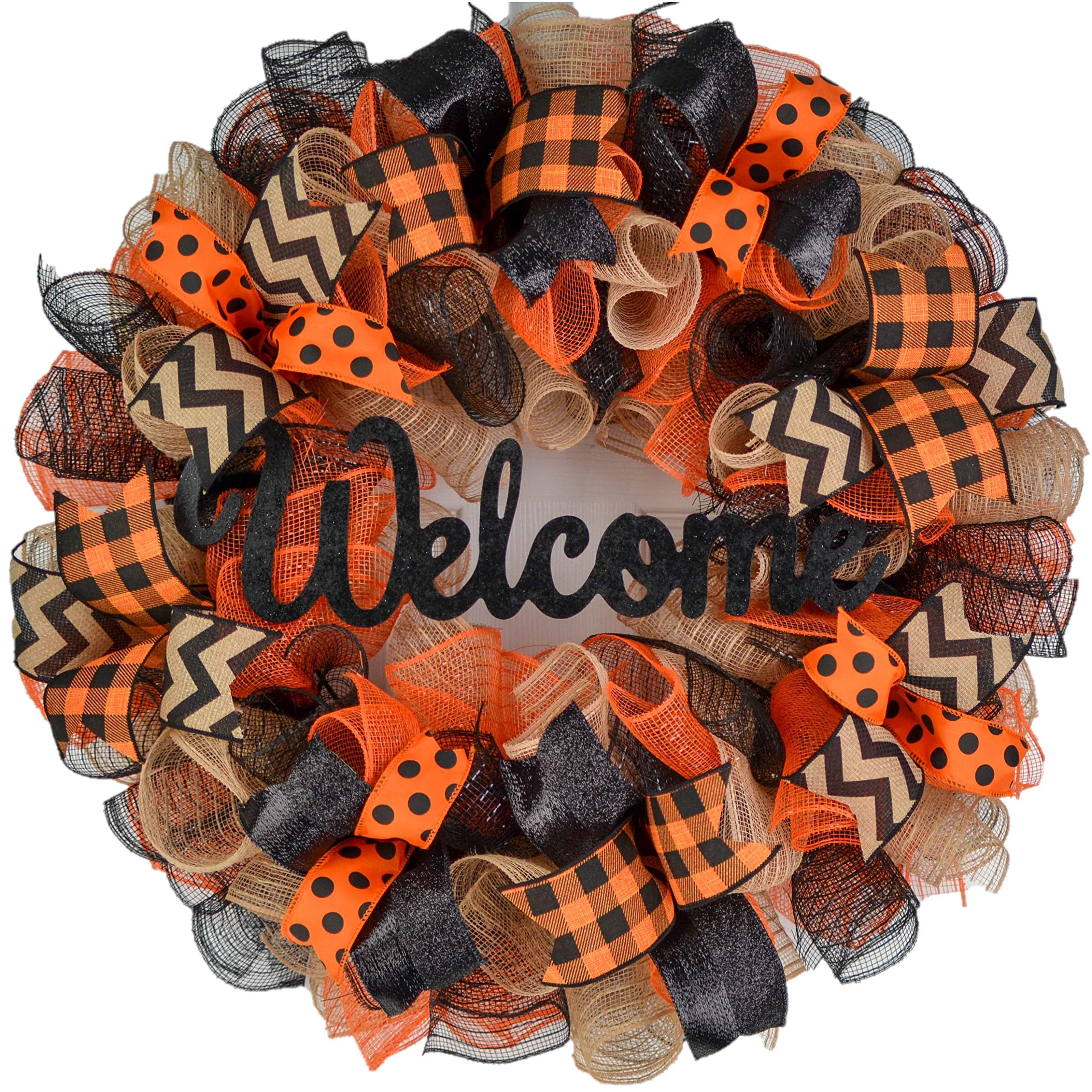 Halloween Office Decor - Black Burlap Orange Farmhouse Monogram Letter Wreath for Door | Spooky Welcome Sign for Halloween Party, Home & Office Decoration