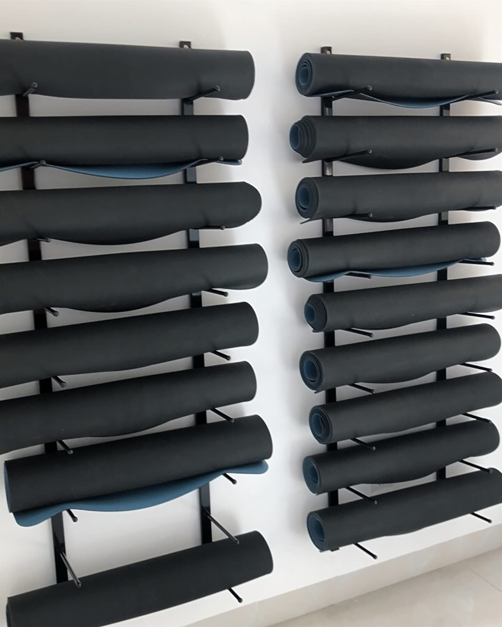 9-Tier Large Capacity Wall Mount Yoga Mat Holder with Hooks - Foam Roller Storage Rack for Yoga Studio (Black) - Perfect for Home Gym, Fitness Room & Yoga Practice Organization