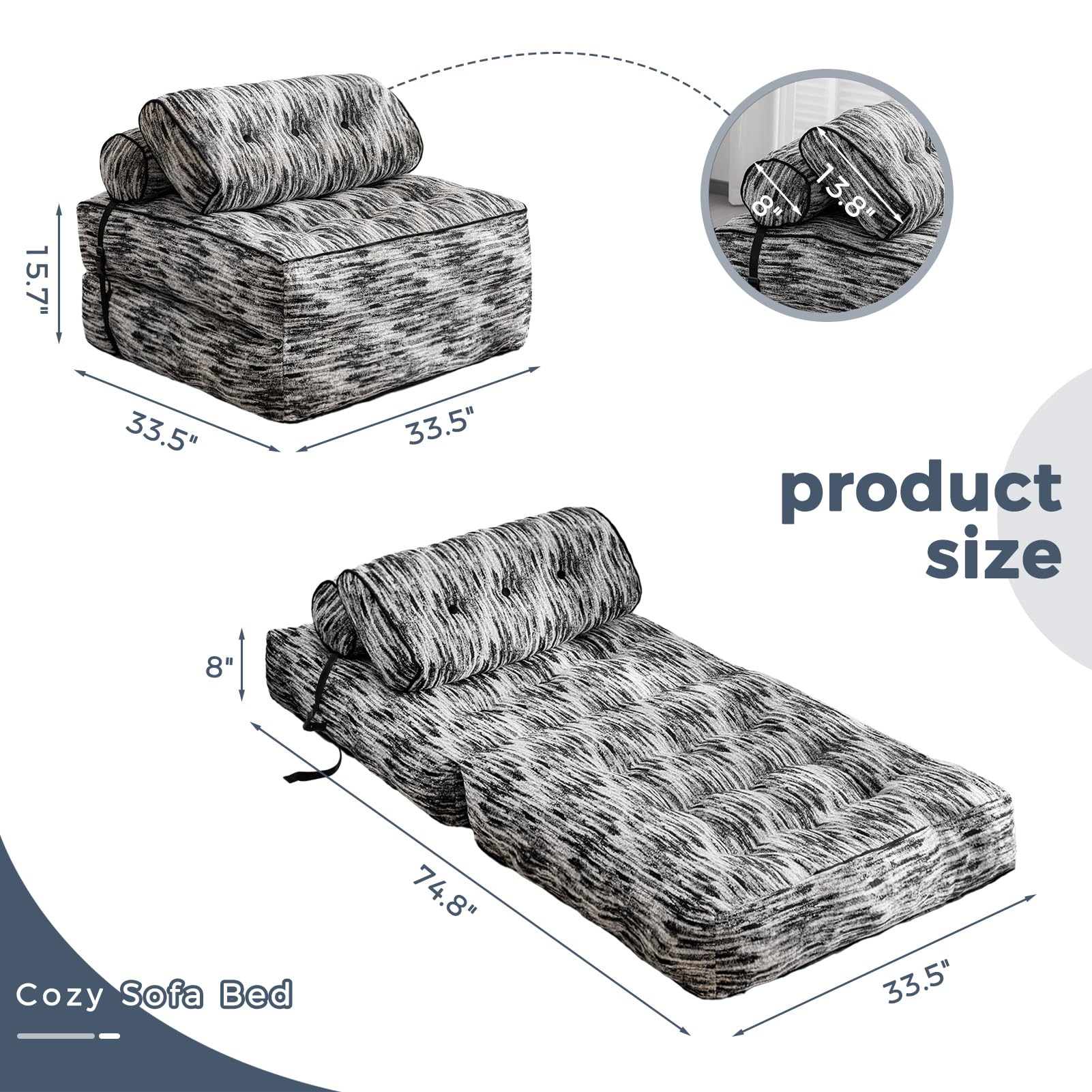 MAXYOYO Convertible Folding Sofa Bed - Sleeper Chair with Pillow, Soft Fold Out Guest Bed in Mix Black | Perfect for Small Spaces, Living Rooms & Home Offices