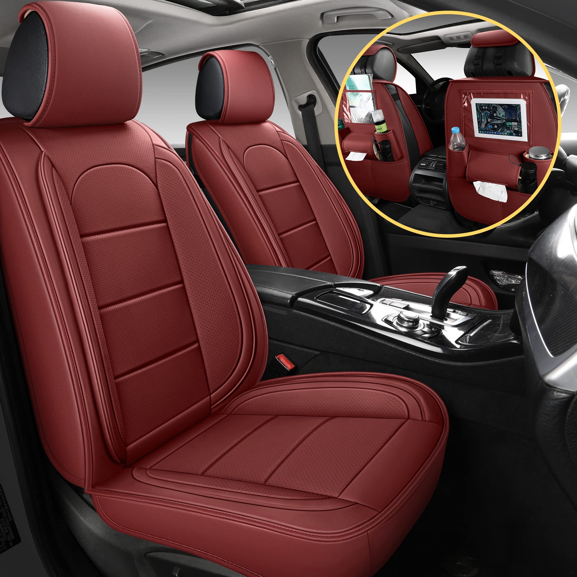 Premium AOOG Leather Car Seat Covers with Backseat Organizer - Universal Fit for Most Sedans, SUVs & Trucks - Full Set Burgundy - Protect & Upgrade Your Vehicle Interior for Daily Commute & Road Trips