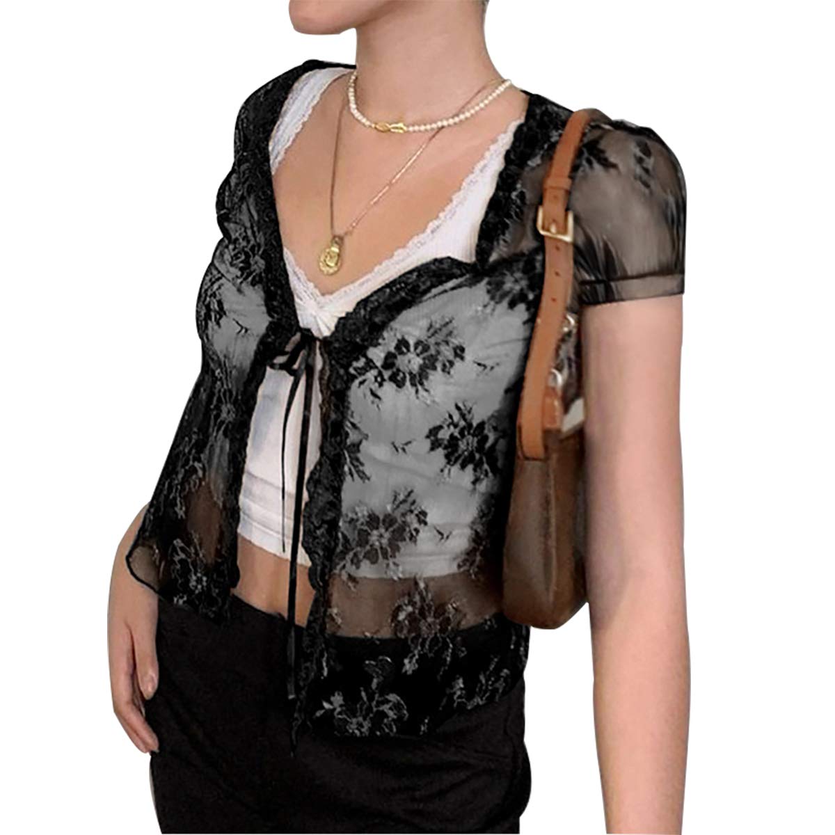 Y2K Brown Lace Patchwork Crop Top for Women - Floral See Through Mesh Short Sleeve Shirt with Lace Up Detail | Perfect for Summer Outfits, Music Festivals & Boho Chic Style