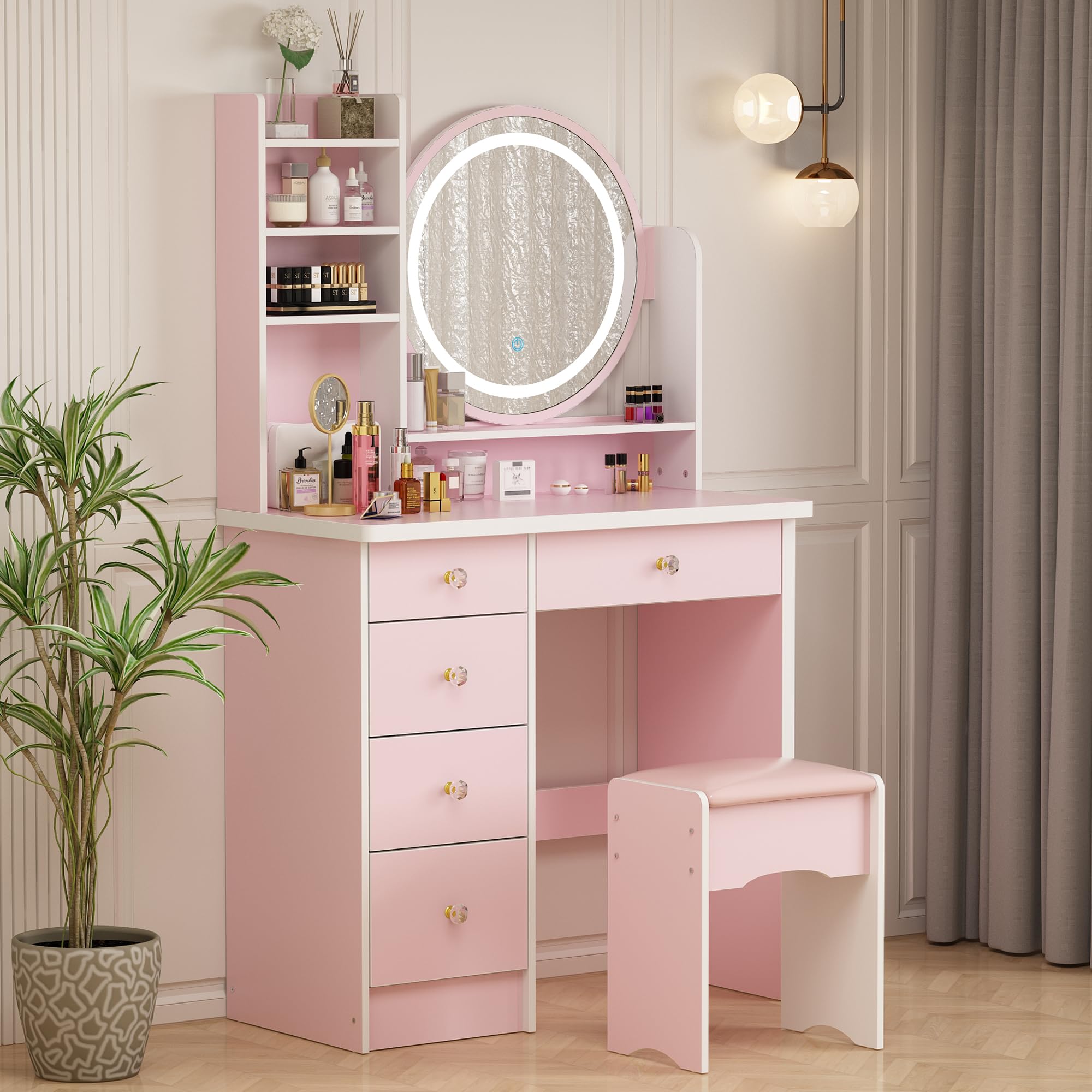 ECACAD Vanity Desk Set with LED Lighted Round Mirror, 5-Drawer Makeup Dressing Table with Storage Shelves & Cushioned Stool - Pink Bedroom Furniture for Women & Girls | Perfect for Makeup Organization, Dressing Room & Small Space Decor