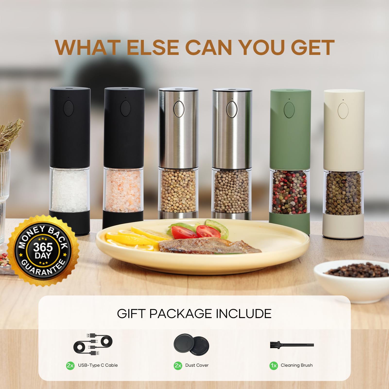 Premium Electric Salt & Pepper Grinder Set (2 Pack) - USB Rechargeable Battery, Adjustable Coarseness, One-Hand Operation with LED Light - Automatic Spice Mill for Kitchen, Dining Table, Camping & Outdoor Cooking | Perfect Gift for Home Chefs