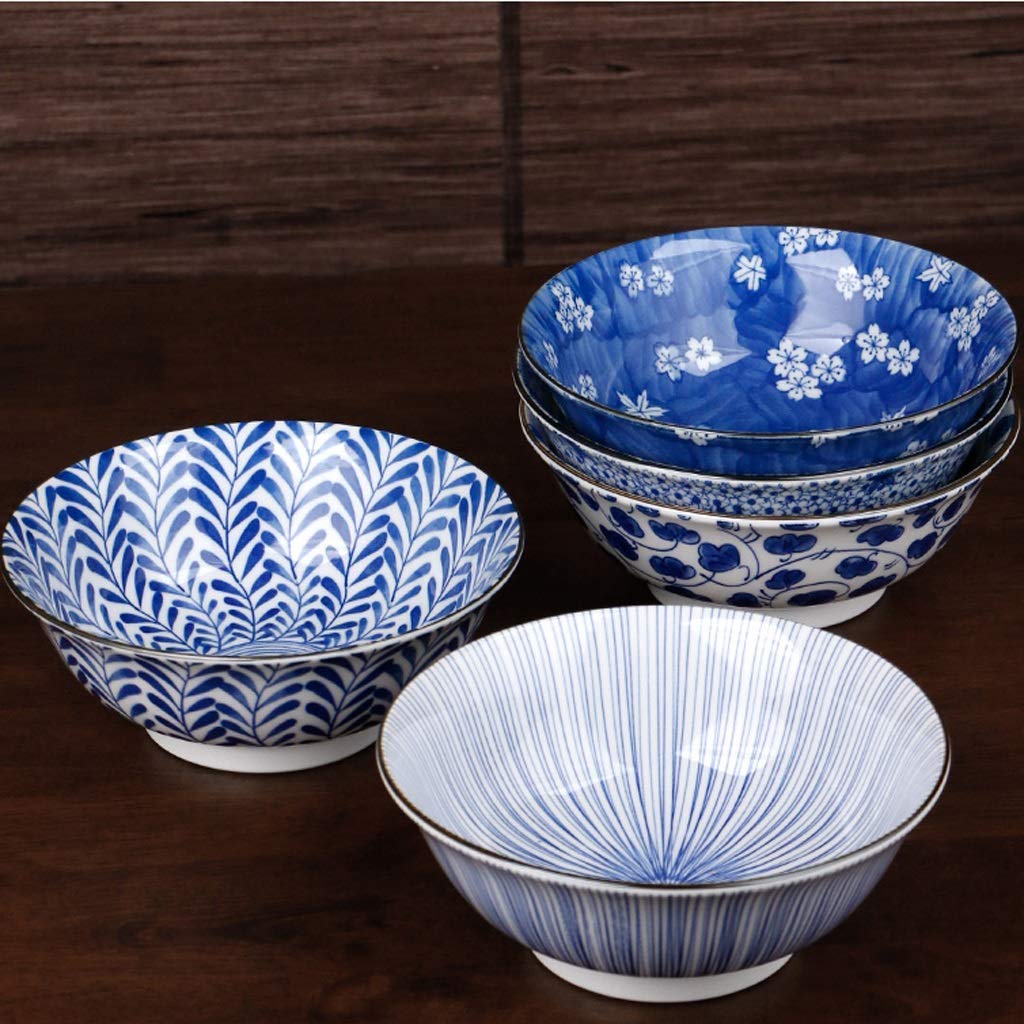 Vintage Blue and White Ceramic Dinner Plates Set - 8 Inch Appetizer Plates, Mixing Bowls, Fruit Salad Bowls, Japanese Ramen Bowls, Soup Bowls, Spaghetti Bowls - Perfect for Home Dining, Restaurant Use, Party Serving & Gift Giving