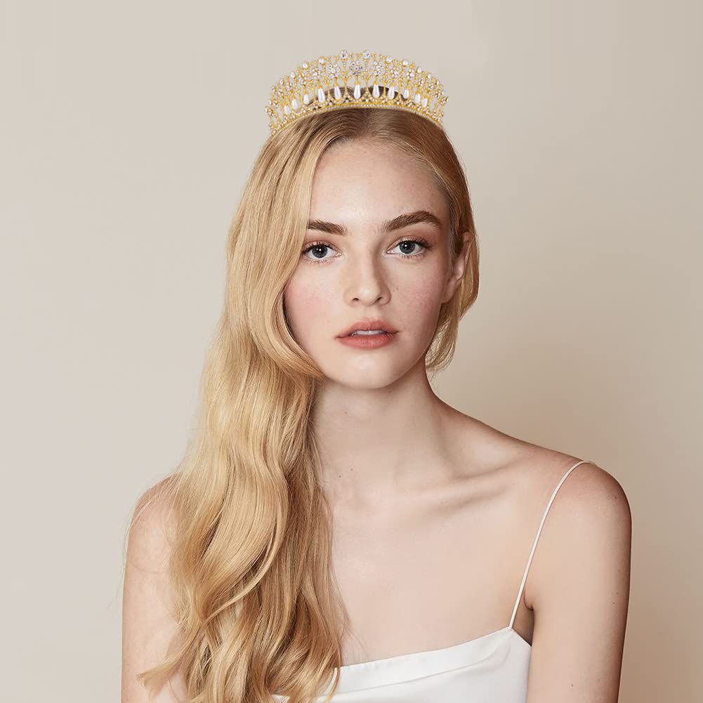 Elegant Wedding Tiara & Pearl Crown for Women - Gold Crystal Rhinestone Bridal Headpiece for Bride, Queen, Flower Girls | Perfect for Weddings, Birthday Parties, Pageants, Prom, Homecoming, Halloween & Princess Diana Costume Events