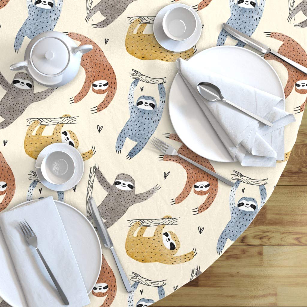 Sloths Love Watercolor Sloth Print Cotton Sateen Tablecloth - 70 Inch Round Neutral Safari Animal Design for Kids Nursery, Birthday Party & Dining Room Decor
