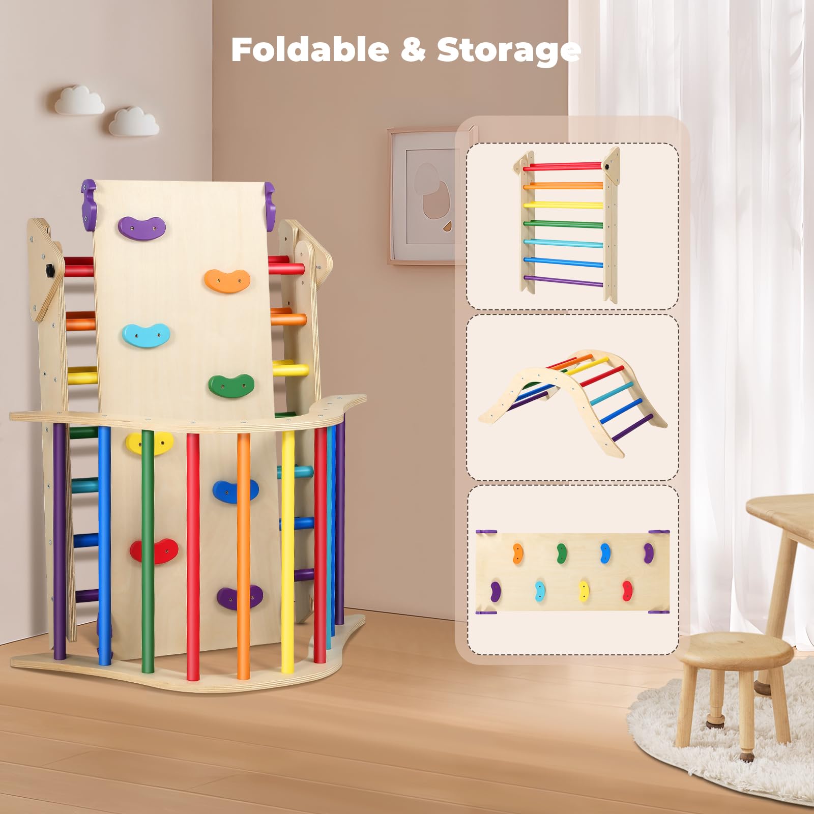 **Pikler Triangle Set Climber 5-in-1 - Foldable Wooden Montessori Climbing Toy for Toddlers 2-6 Years - Indoor Play Gym with Ramp, Arch, Mat & Climbing Tripod - Perfect for Home, Daycare & Montessori Classrooms**