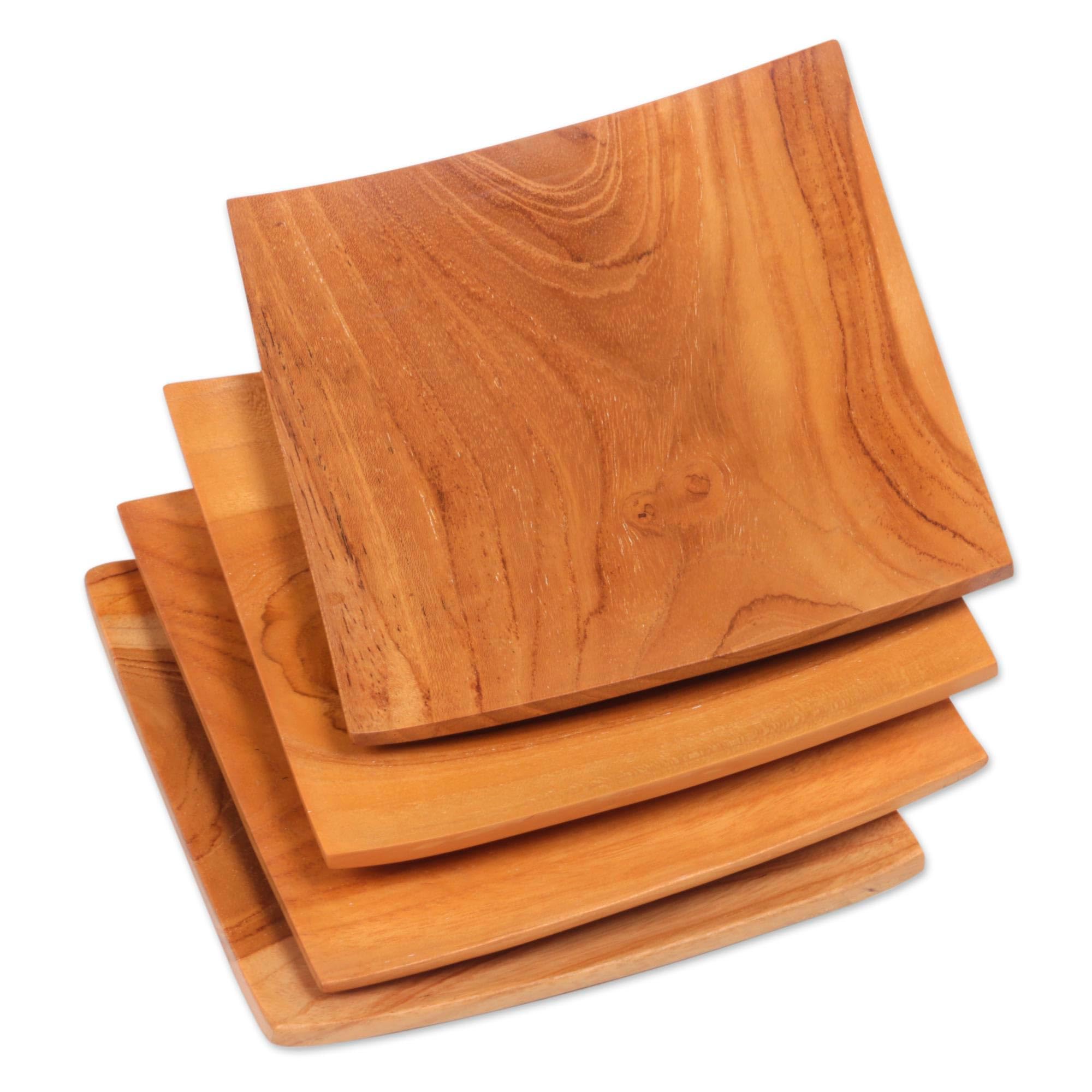 Handmade Teak Wood Square Plates Set of 4 - Natural Brown Bali Artisan Dinnerware for Fine Dining | Eco-Friendly Tableware for Restaurants, Weddings & Home Decor [6x6x1 inch]