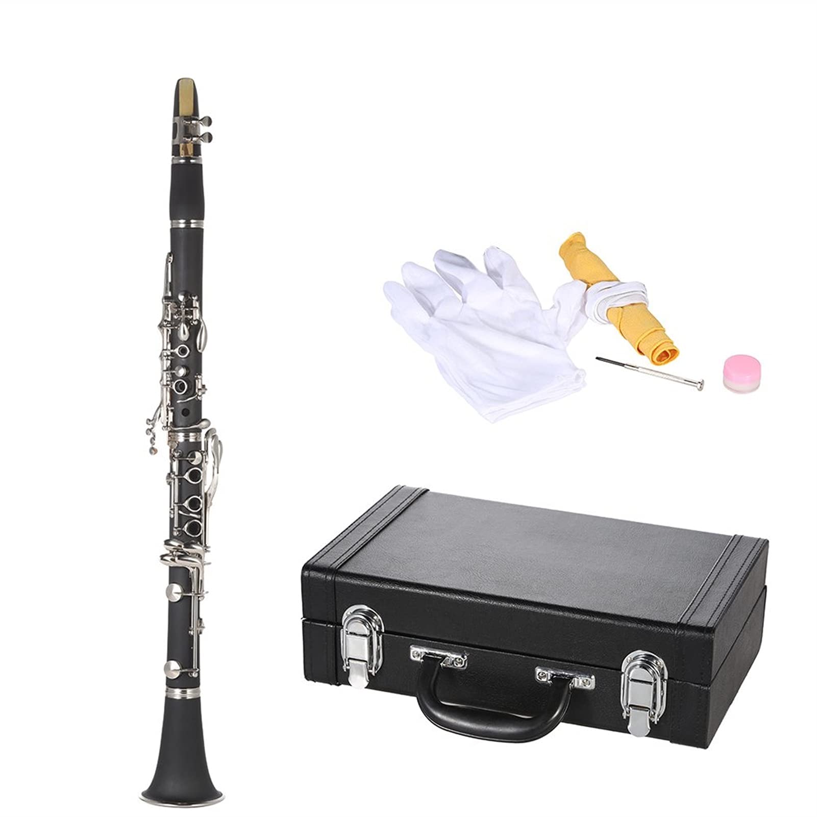 Nickel-Plated Beginner Clarinet with Cupronickel Keys | ABS Woodwind Instrument with Cleaning Cloth Gloves | Perfect for Music Students & Band Practice