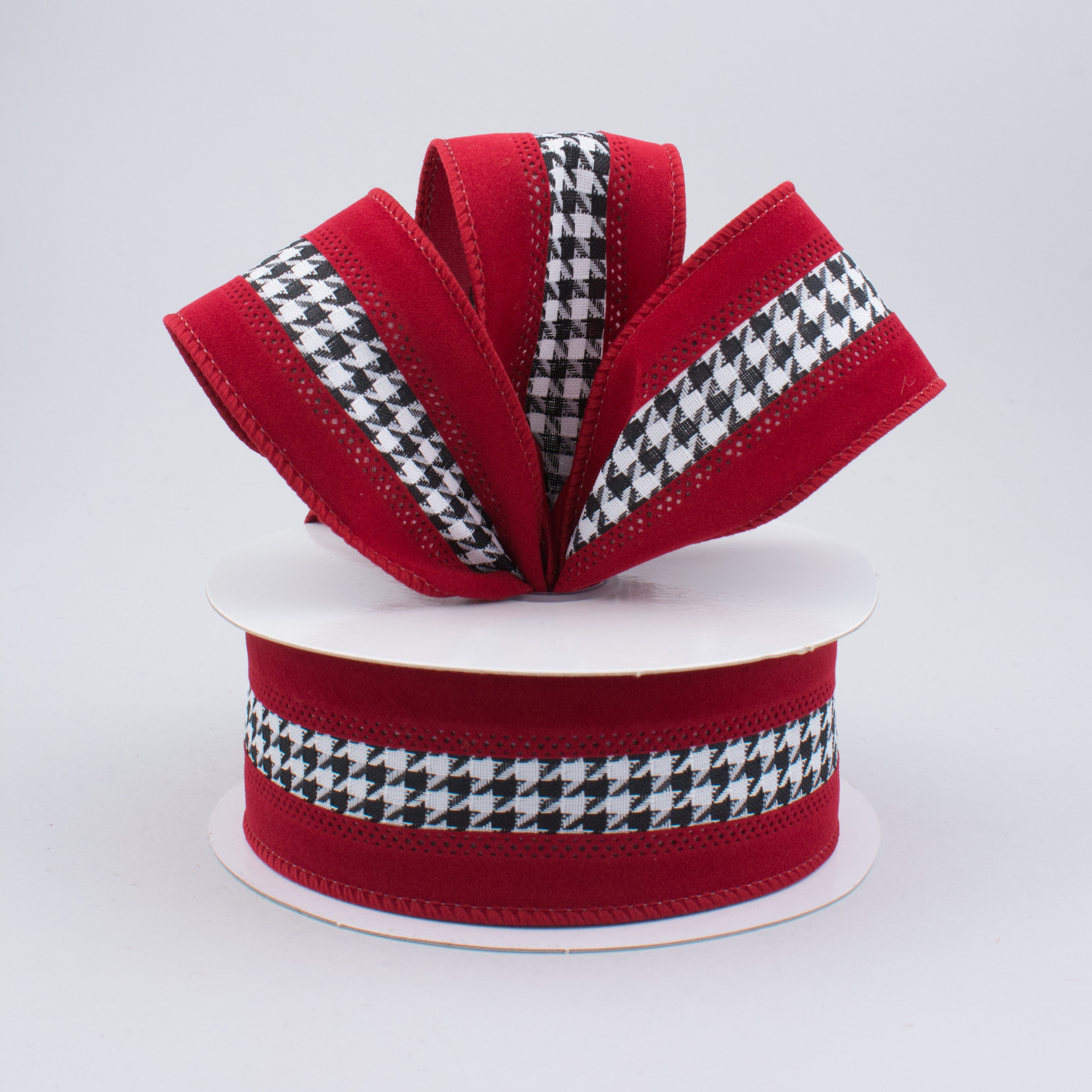 1.5 Inch Large Houndstooth Velvet Ribbon - White, Black, Crimson (10 Yards) - Perfect for DIY Crafts, Gift Wrapping, Hair Bows & Home Decor