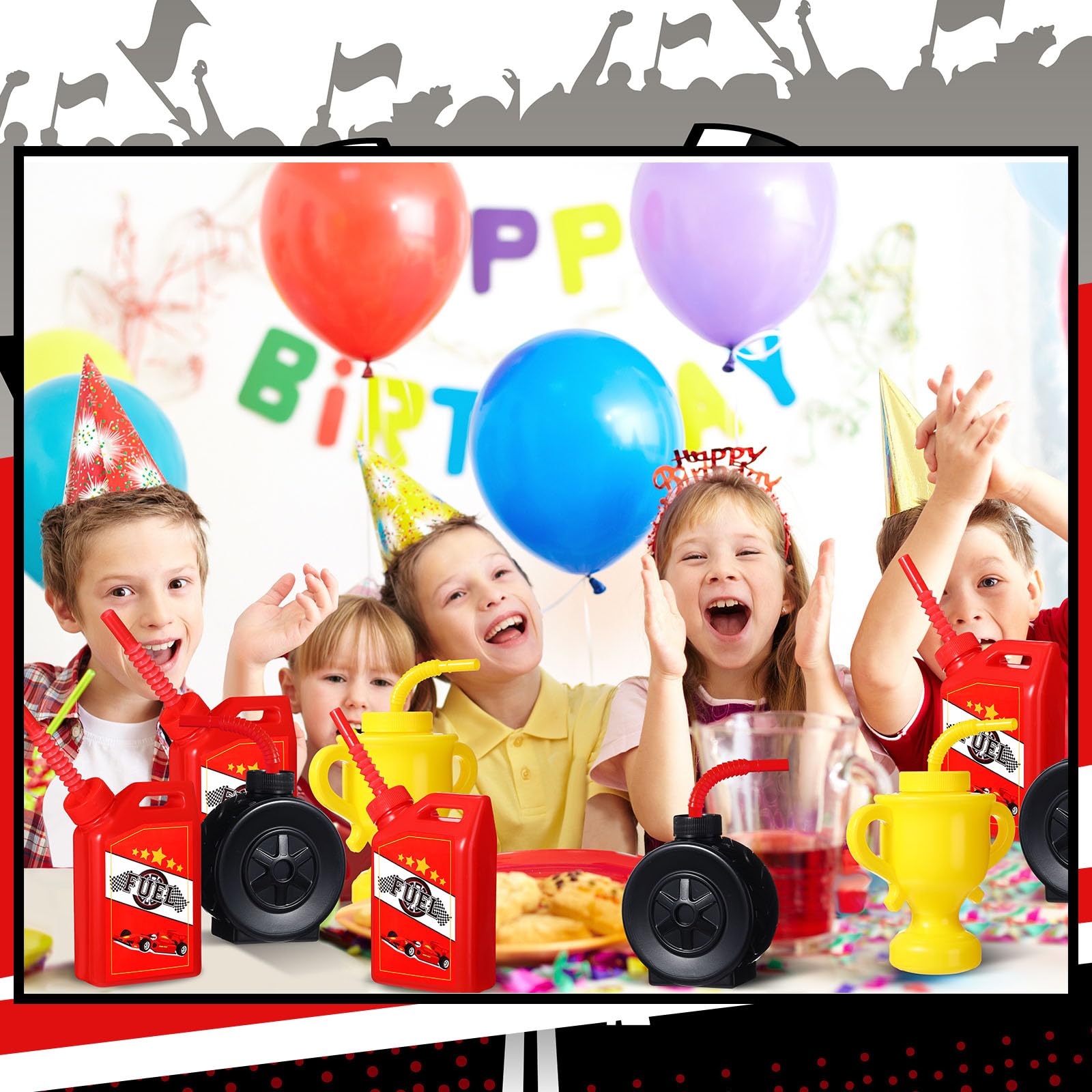 Mifoci 24 Pcs Race Car Themed Plastic Cups with Straws - Tire Shaped Party Cups in Red & Yellow for Racing Birthday, Construction Theme Party, Kids Celebration & Sports Event Decorations