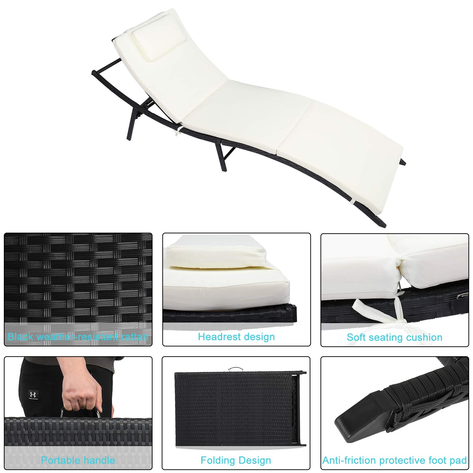 Upgraded 3-Piece Outdoor Folding Chaise Lounge Set - Rattan Wicker Adjustable Back Patio Recliner with Side Table & Cushions - Perfect for Poolside, Beach, Backyard & Garden Relaxation
