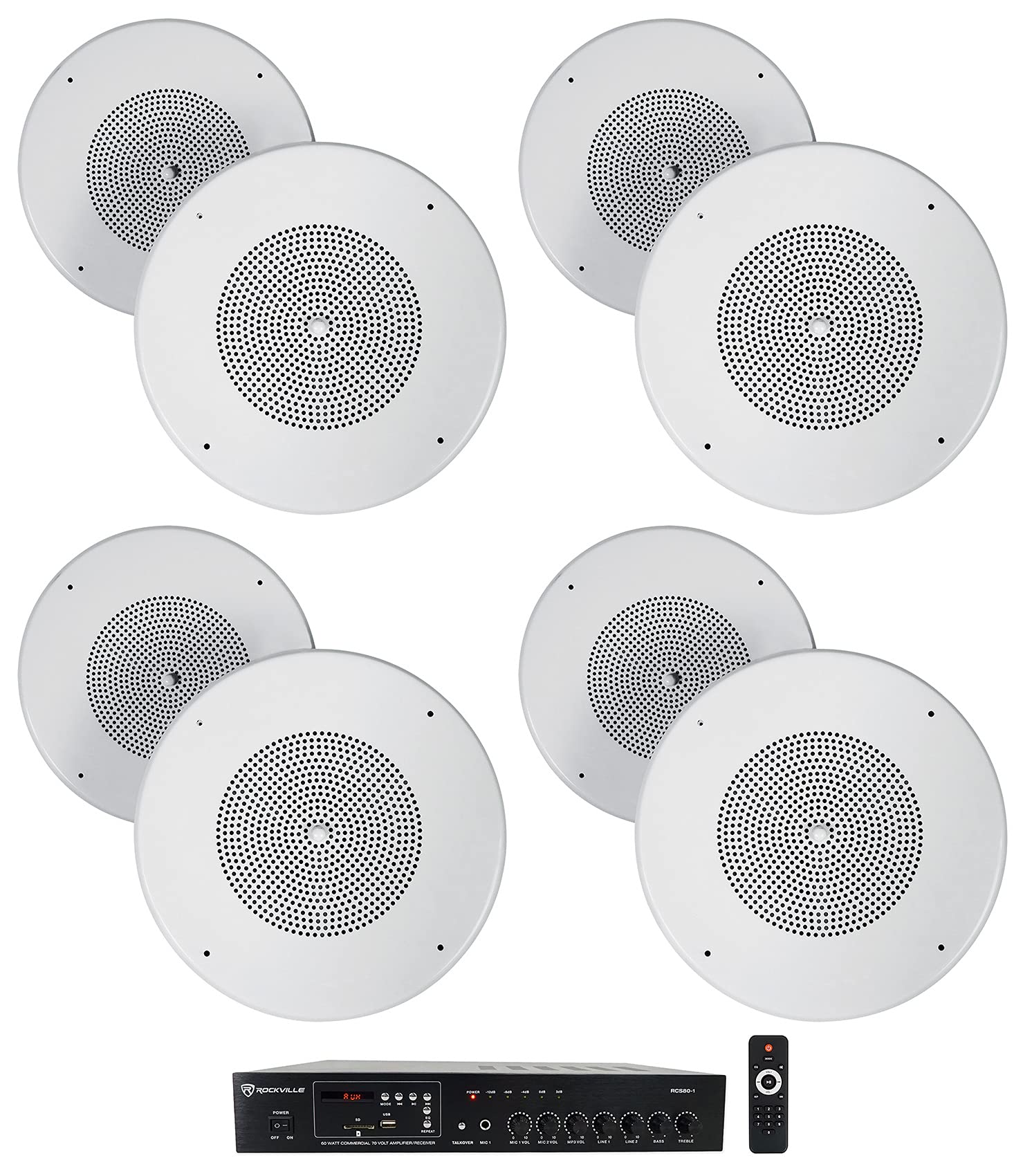 Rockville RCS80-1 60 Watt 70V Commercial Amplifier with Bluetooth & (8) MC80 8