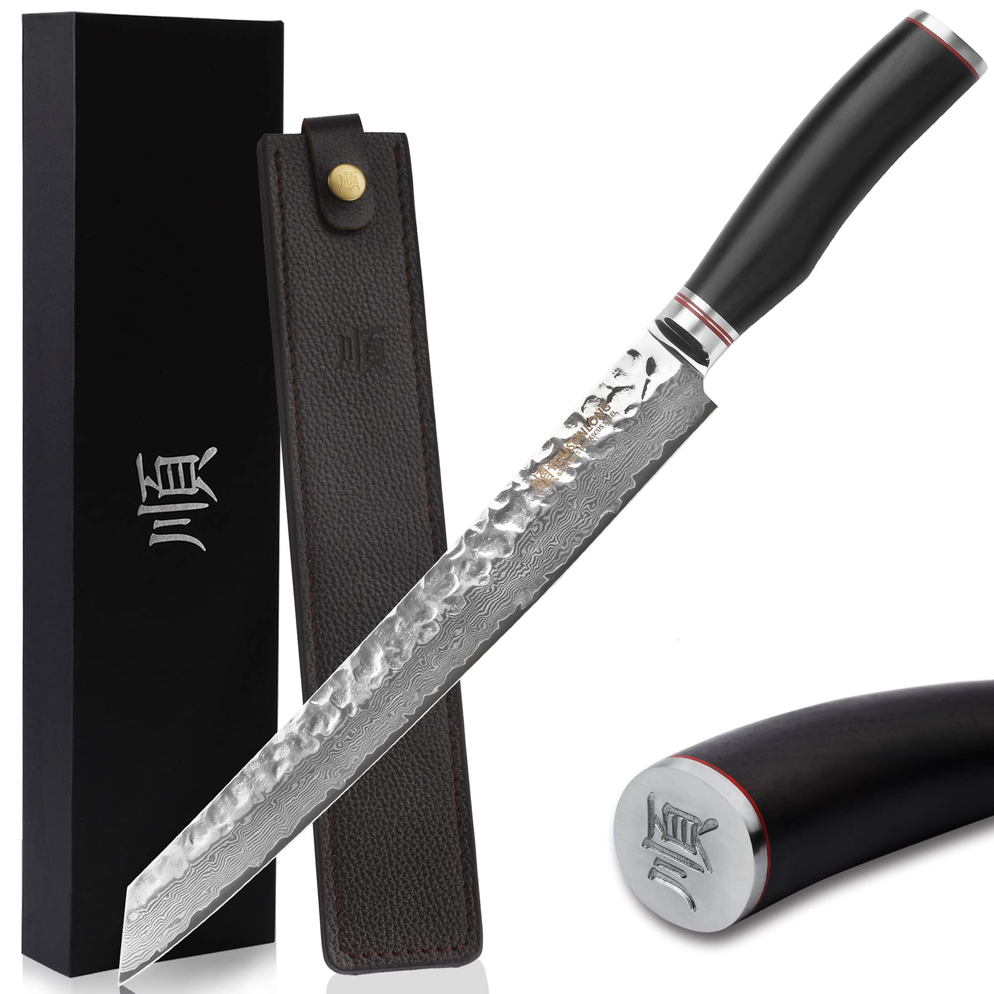YOUSUNLONG 11-inch Japanese Sujihiki Knife - Professional Damascus Steel Carving & Slicing Knife with Ergonomic Ebony Handle - Perfect for Sushi, Roast Meat, and Precision Cutting