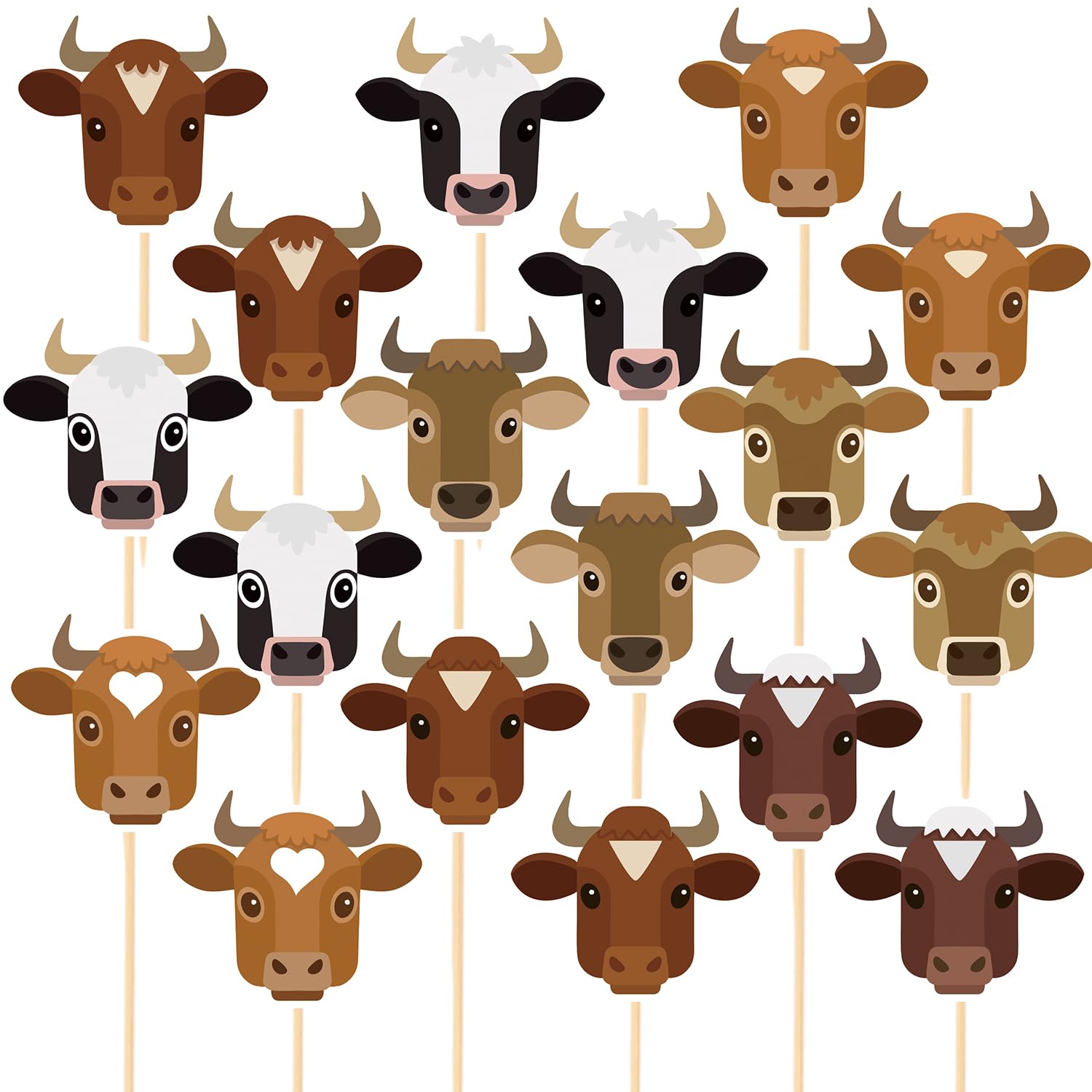 Western Party Decorations - Cowboy Rodeo Cake Toppers & Cow Print Cupcake Picks for Boys & Girls | Wild West 1st Birthday, Cowgirl Baby Shower Supplies | Highland Cow Theme (18pcs Lovely Cow Head) | Perfect for Western-Themed Parties, Birthday Celebrations & Baby Showers