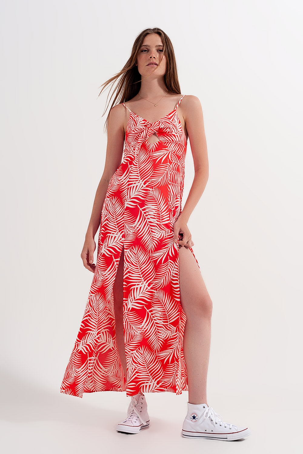 Elegant Red Long Split Leaf Print Robe for Women - Perfect for Loungewear, Spa Days, and Relaxing at Home