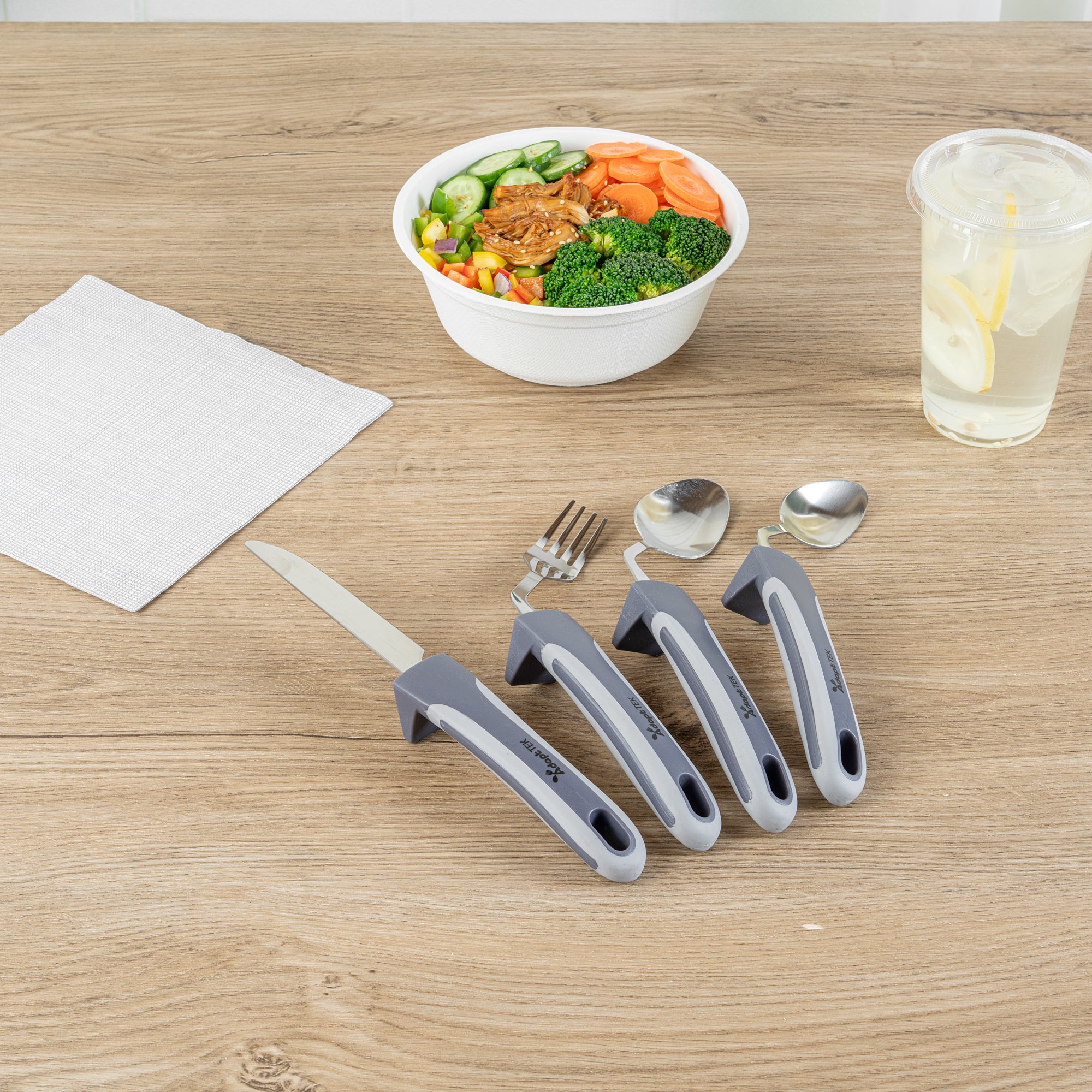 Adapt Tek Gray Stainless Steel 4-Piece Adaptive Offset Utensil Set for Left-Handed Users - Lightweight, Non-Slip Grip - Perfect for Arthritis & Limited Mobility - 1 Count Box - Ideal for Cooking, Dining & Assisted Living