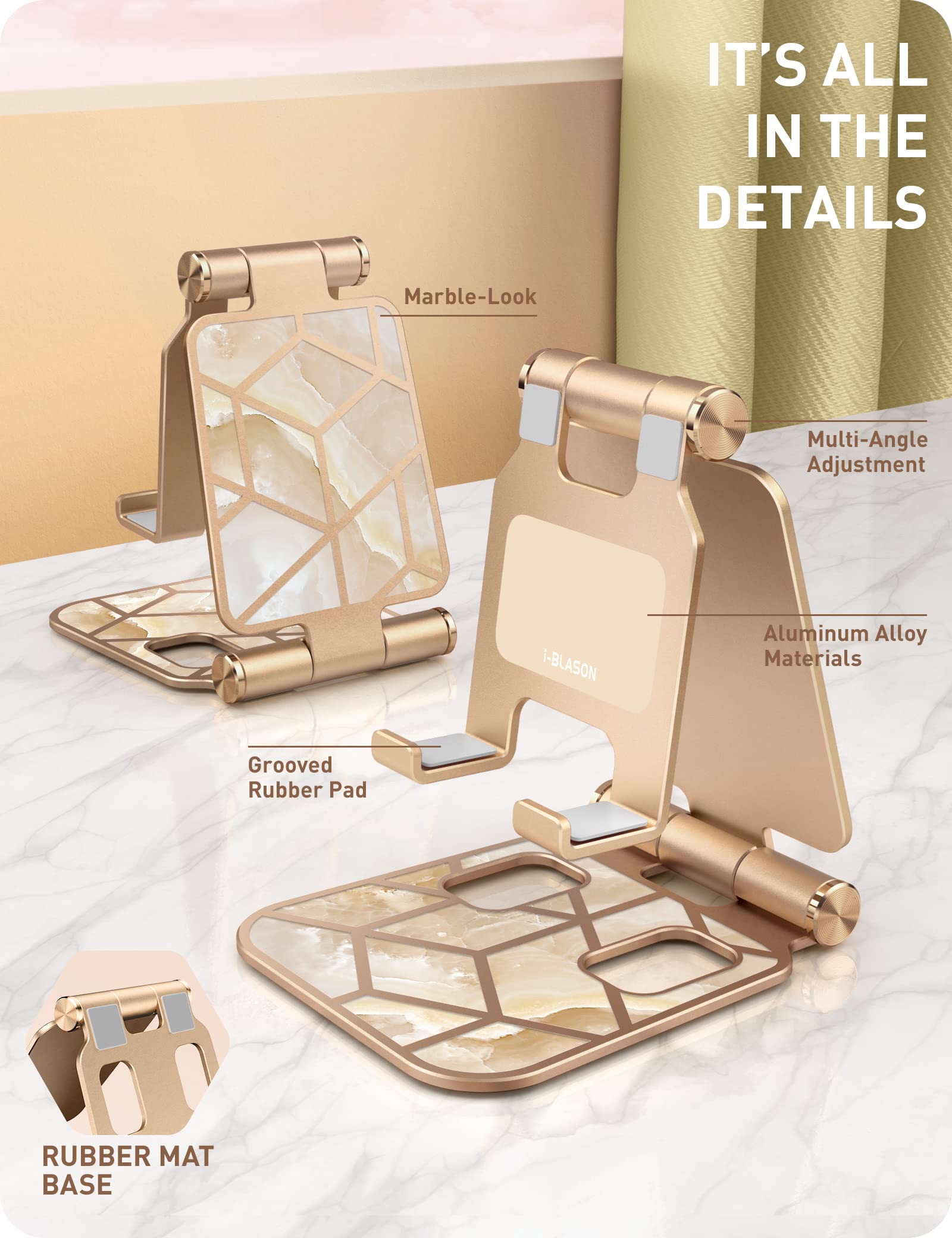 i-Blason Universal Phone Stand for Desk - Foldable Cell Phone Holder Compatible with iPhone 16/15/14/13 Pro Max & All Smartphones - Gold (Perfect for Home Office, Video Calls & Hands-Free Viewing)