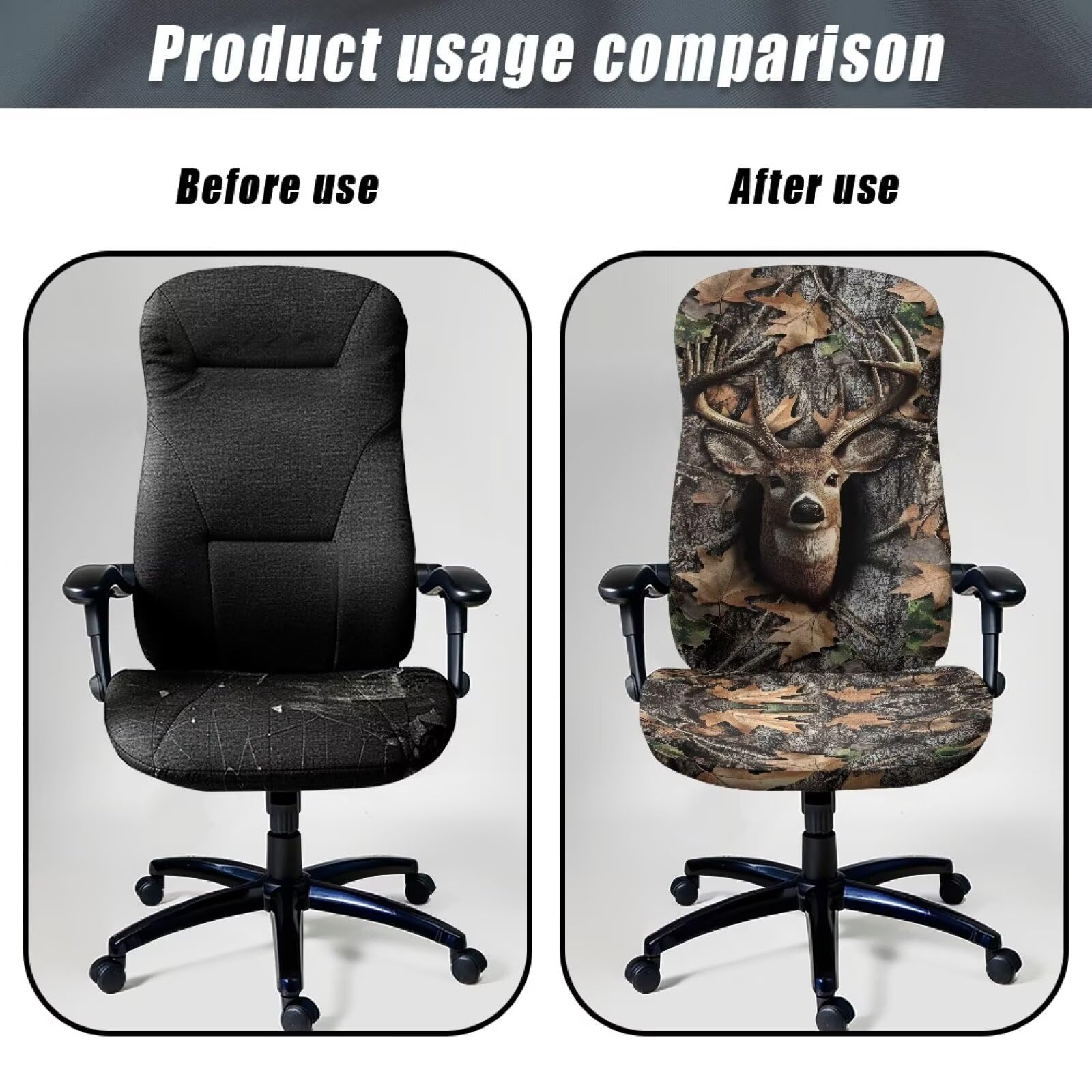 Deer Camo Hunting Forest Grey Office Chair Cover - Universal Rotating Boss Chair Protector with Elastic Bottom - Stretch Fabric for Home, Office & Gaming Chairs - Perfect for Hunting Lodge, Man Cave & Outdoor Enthusiasts