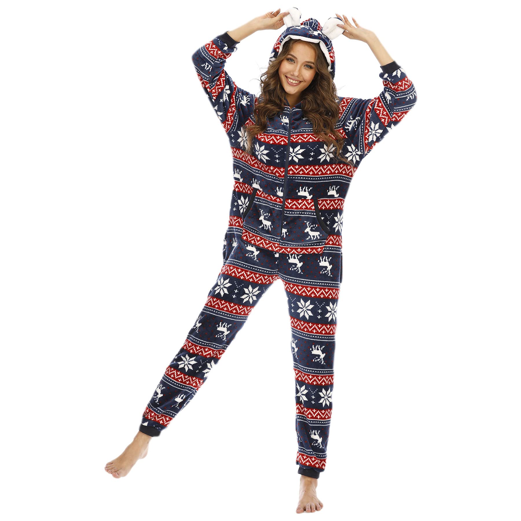 Women's Christmas Fawn Snowflake Print Hooded Onesie Pajamas - Soft Flannel One-Piece Jumpsuit for Winter Sleepwear & Cozy Loungewear | Perfect for Holiday Pajama Parties, Family Gatherings & Cold Weather Comfort