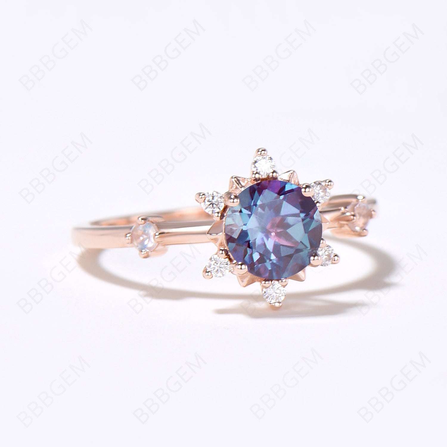 Floral Engagement Ring for Women - Rose Gold Round Alexandrite Halo Wedding Ring with Diamond Accents | Perfect for Proposals, Anniversaries & Bridal Jewelry