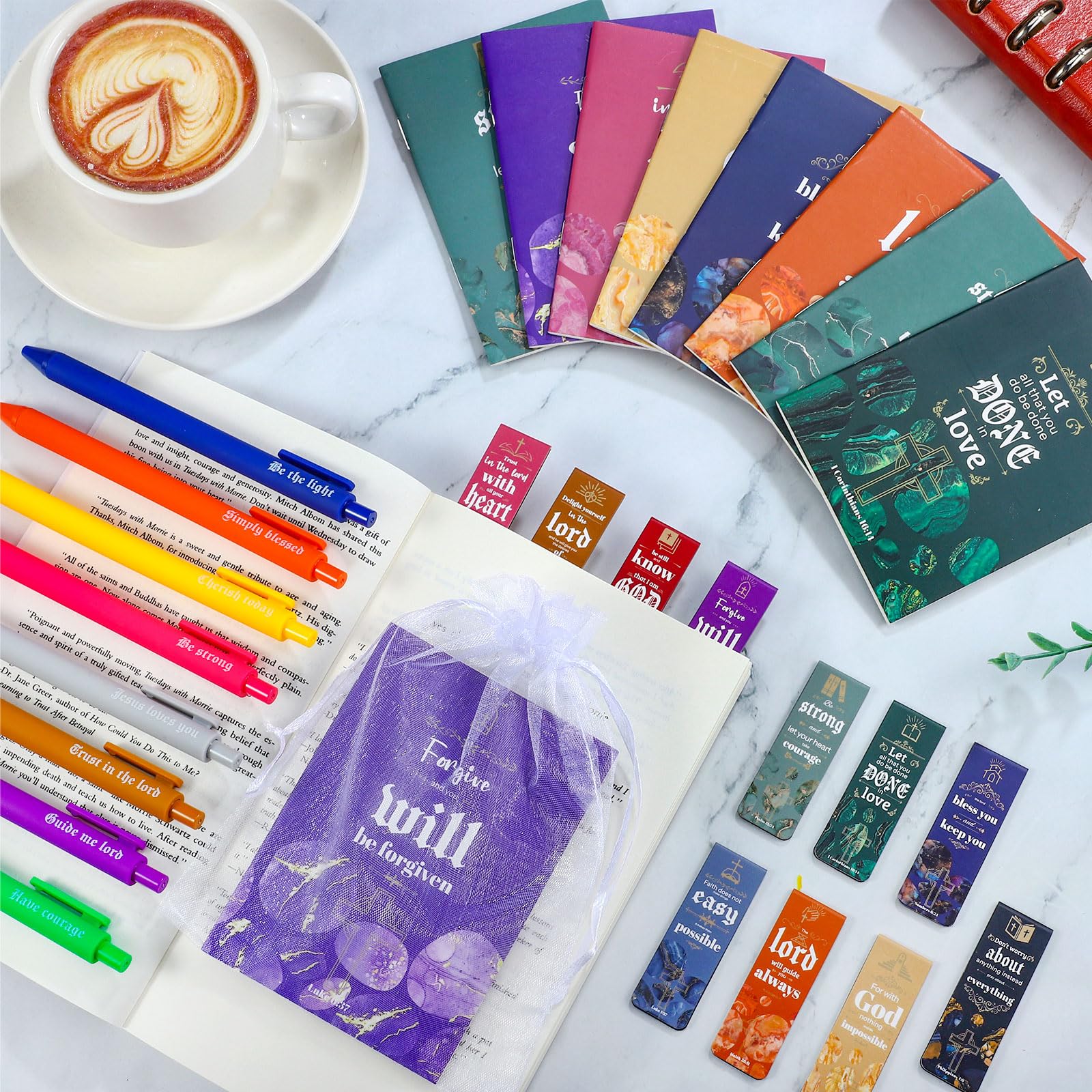 144 Pcs Christian Gift Set - Bible Notebooks, Scripture Bookmarks, Pens & Organza Bags for Church, School & Office - Inspirational Religious Gifts for Baptism, Confirmation & Bible Study