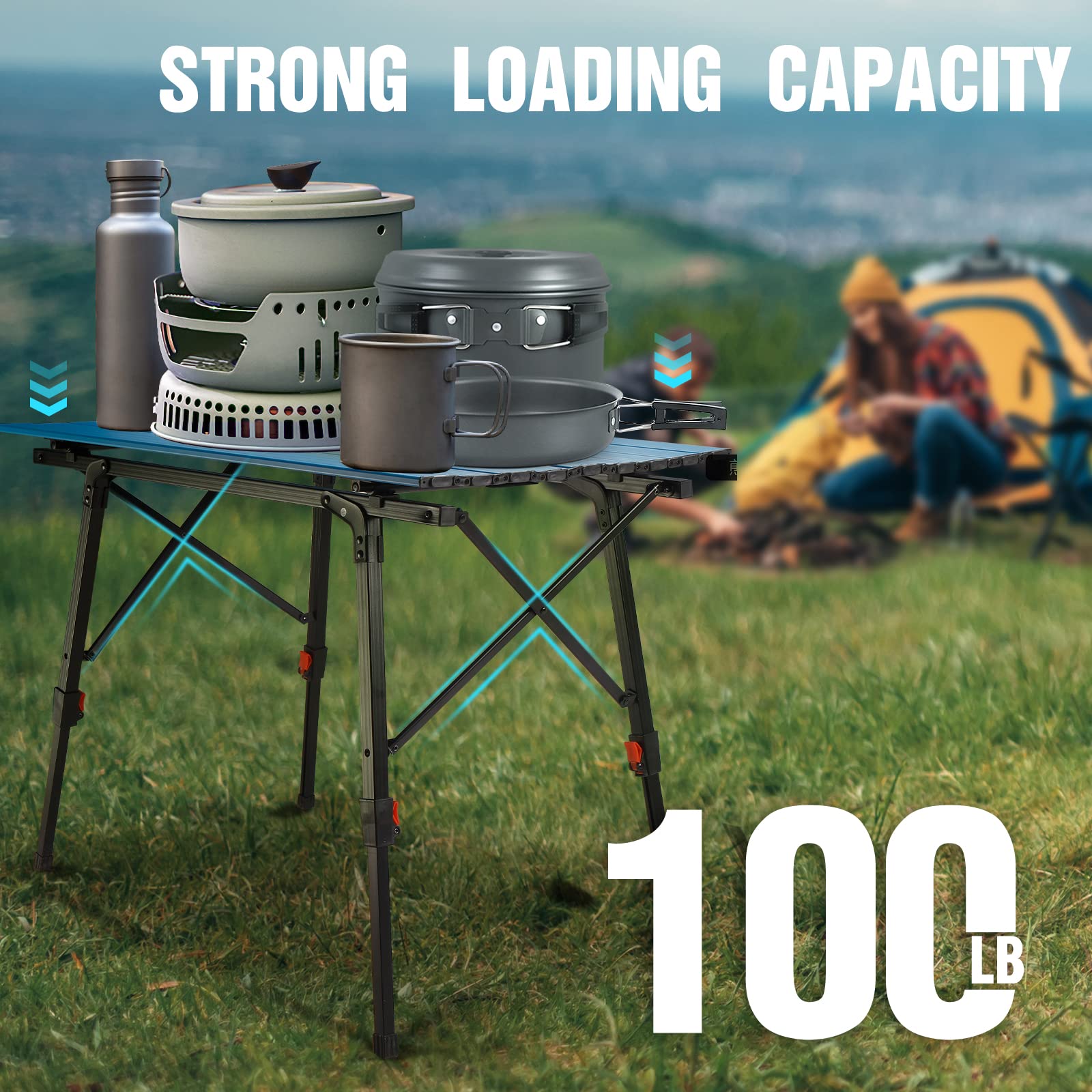 VILLEY Portable Camping Table with Adjustable Height - Lightweight Aluminum Folding Table for Outdoor Cooking, Picnic, Beach, Backyard, BBQ & Travel - Includes Carrying Bag | Perfect for Camping Trips, Tailgating & Beach Parties