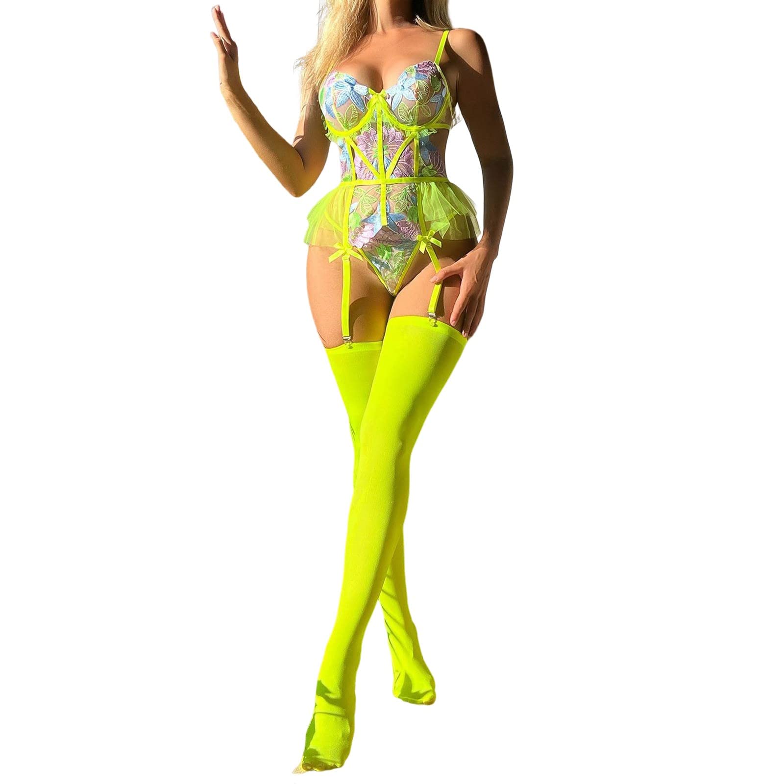 **NLG Women's Wet Look Lingerie Set – Sexy Open Back Bodysuit with Flower Embroidery, Straps & Socks – Long Sleeve Shaping Underwear Dress (Green, XL) – Perfect for Valentine's Day, Boudoir Photos & Romantic Nights**