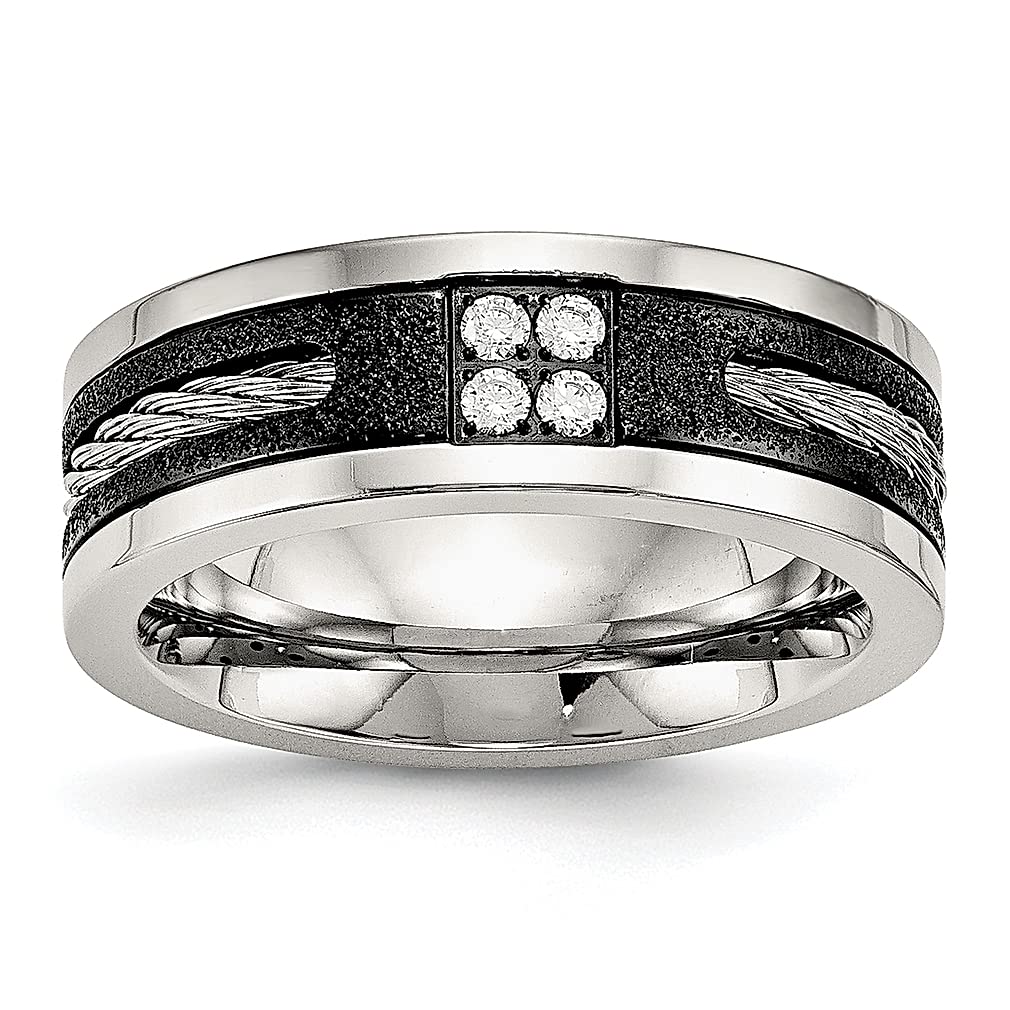 Stainless Steel Black Cable Inlay & Cubic Zirconia 8mm Men's Wedding Band - Fashion Jewelry Ring for Dad, Grooms, Gifts for Him - Perfect for Weddings, Anniversaries & Special Occasions