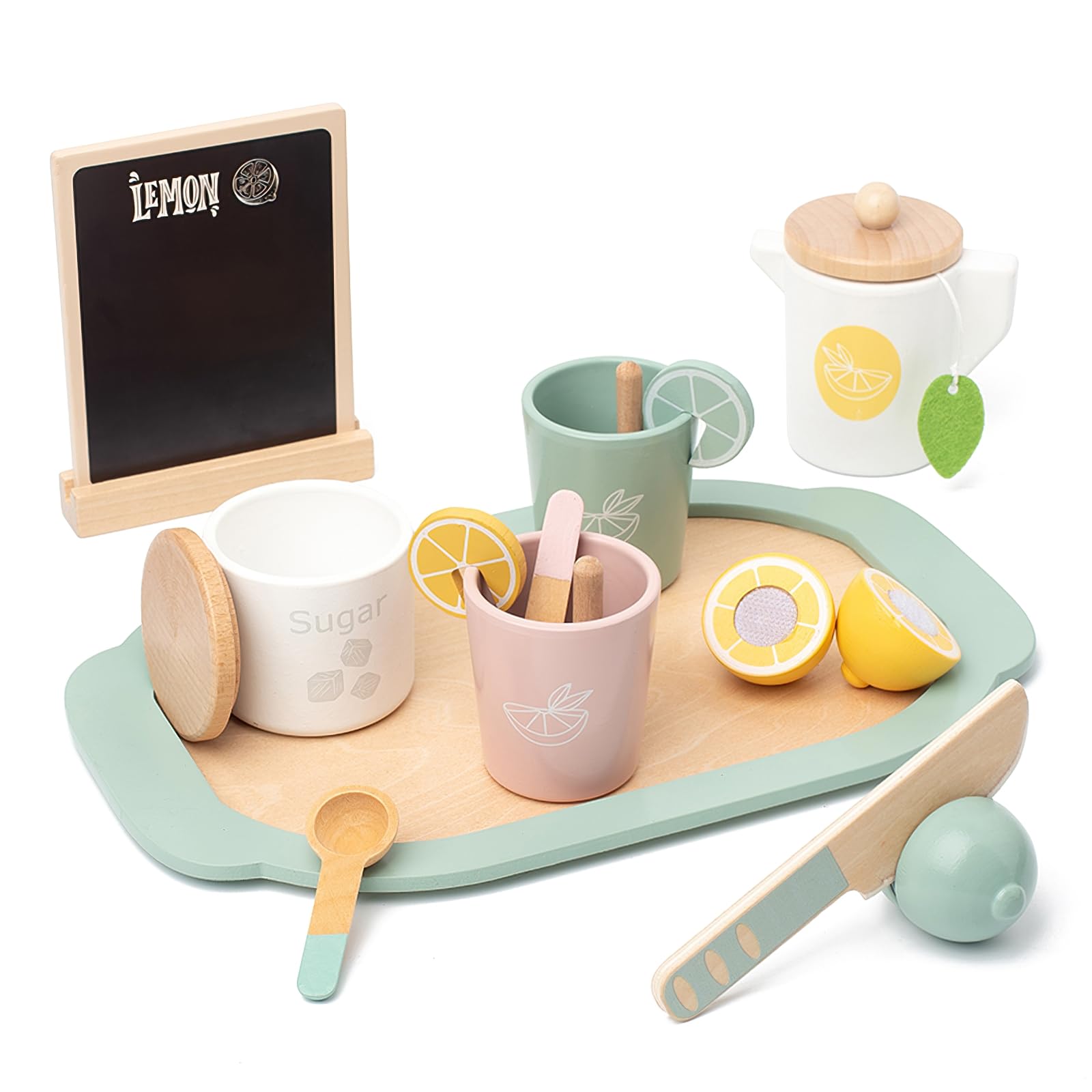 Wooden Tea Party Set for Kids - Pretend Play Toy Tea Set for Toddlers & Little Girls, Wooden Play Food & Kitchen Accessories (Lemon Tea) - Perfect for Birthday Gifts, Pretend Playtime & Early Learning Activities