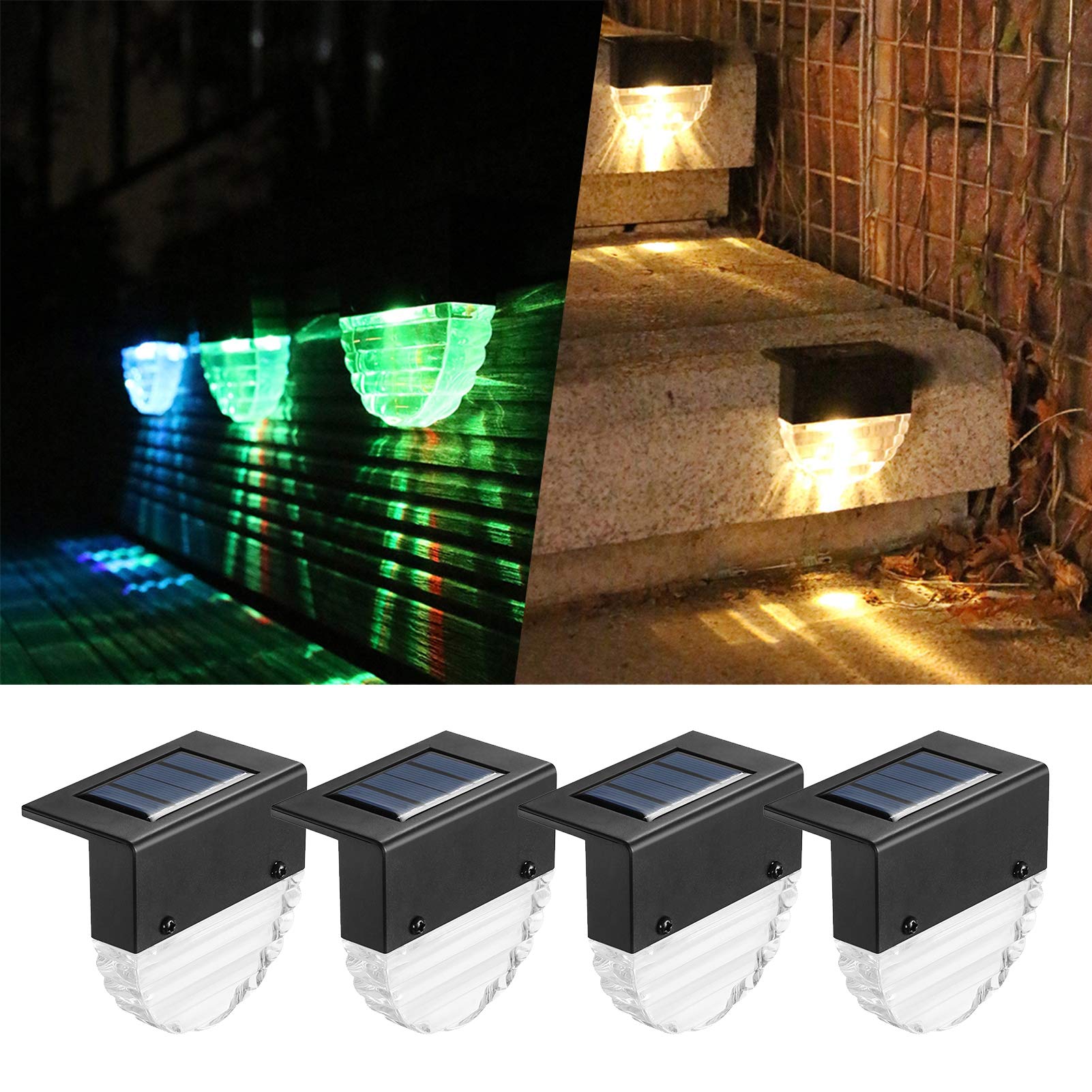 HSART Solar Deck Lights Outdoor - Super Bright LED Solar Step Lights for Stairs, Fence, Railing, Patio & Garden (4 Pack, 2 Lighting Modes, Warm White/Color Changing) - Perfect for Pathway, Driveway & Landscape Lighting