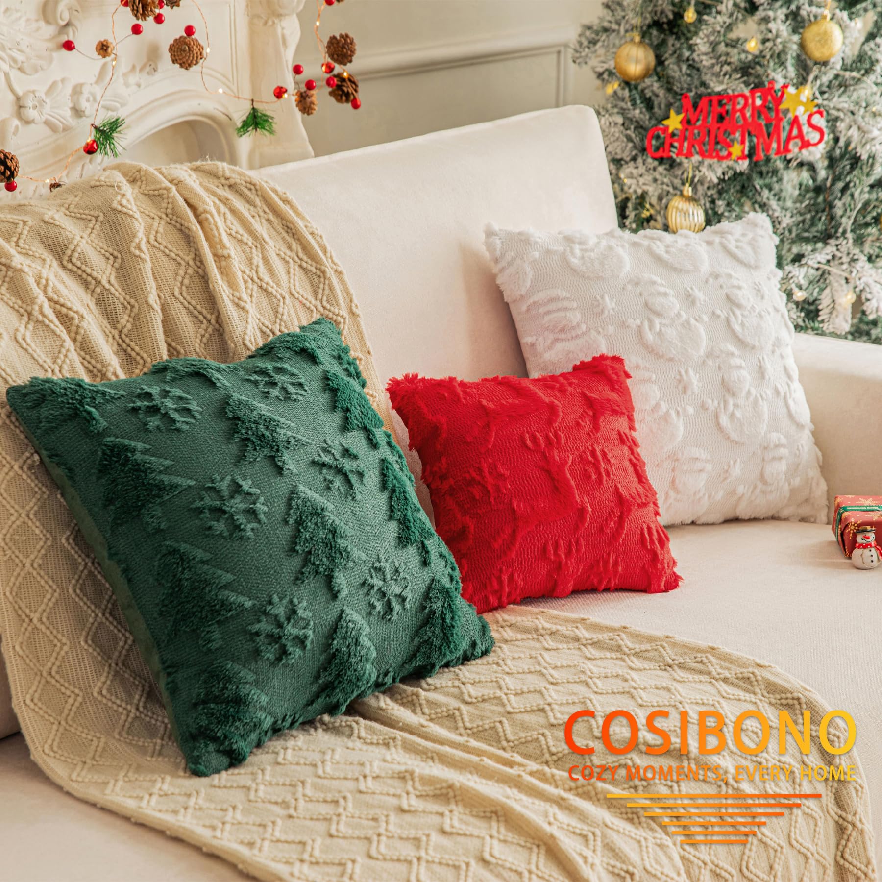 Snowflake Shaped Faux Fur Christmas Tree Pillow Covers 20x20 Inches - Set of 2 Soft Plush Throw Pillowcases for Couch, Sofa & Bed - Cozy Winter Holiday Decor for Farmhouse, Living Room & Christmas Party Decorations