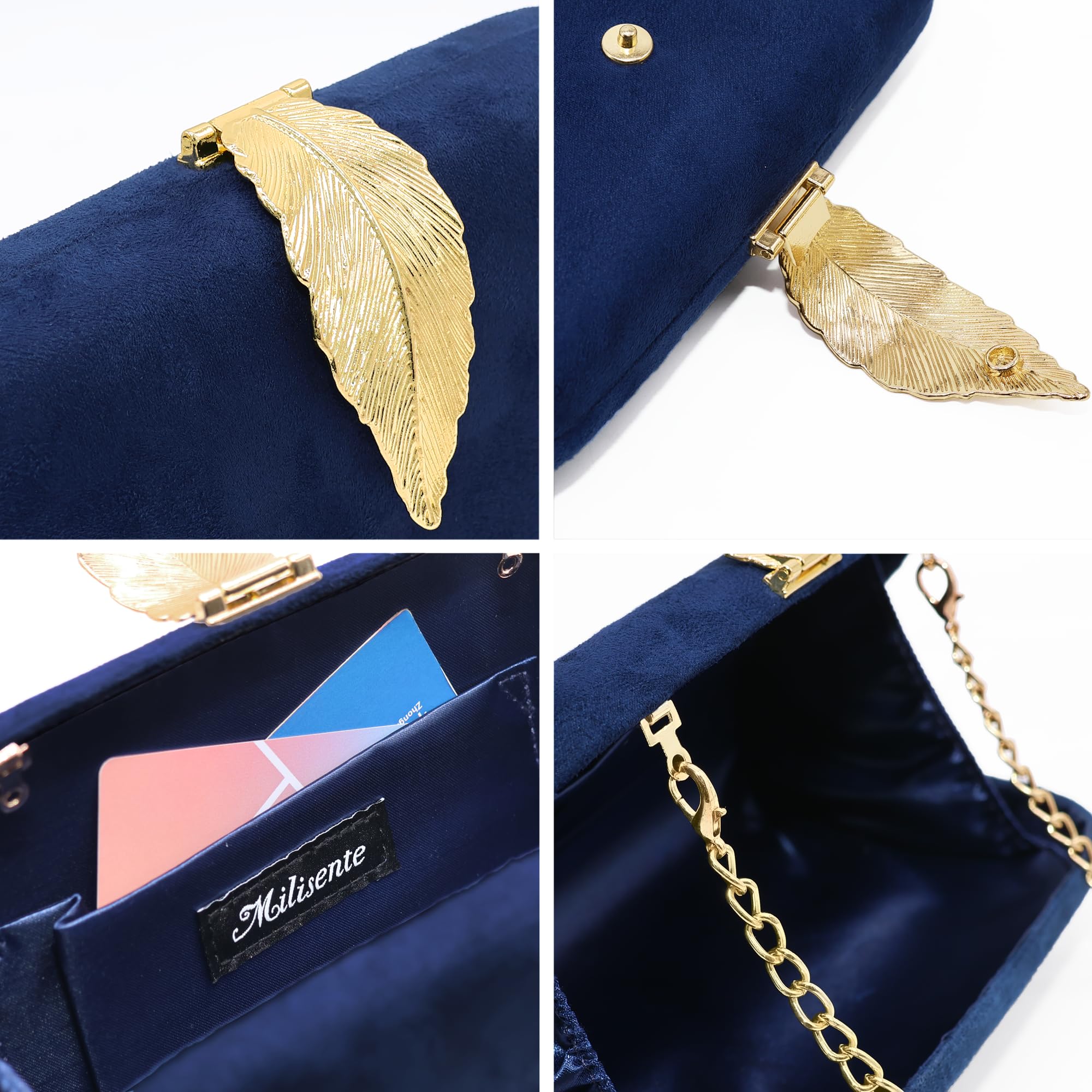 Milisente Women's Solid Suede Evening Clutch Bag with Metallic Leaves Clasp - Elegant Shoulder Purse for Parties, Weddings & Special Occasions