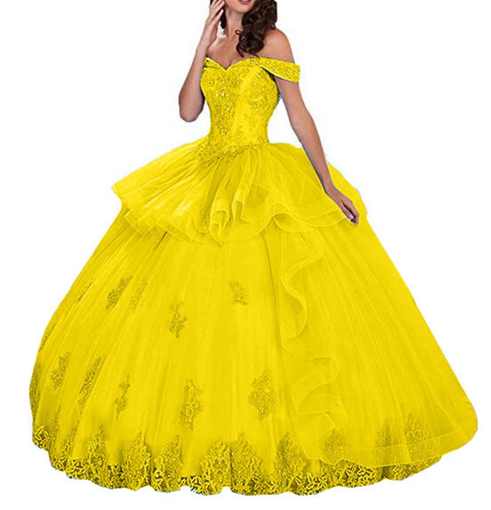 Elegant Yellow Off Shoulder Long Quinceanera Dress with Tulle & Beaded Details - Prom Ball Gown for Women - Perfect for Quinceañeras, Prom Nights, and Formal Events