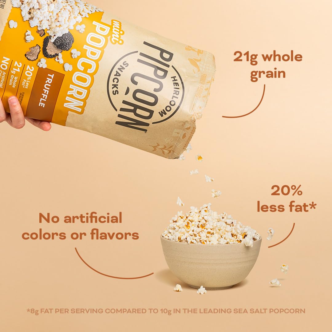 Pipcorn Heirloom Truffle Mini Popcorn - 4.5oz 6 Pack | Gluten Free Healthy Snacks, Non-GMO Heirloom Corn, Black Truffle Flavor | Perfect for Movie Nights, Office Snacks & Party Treats