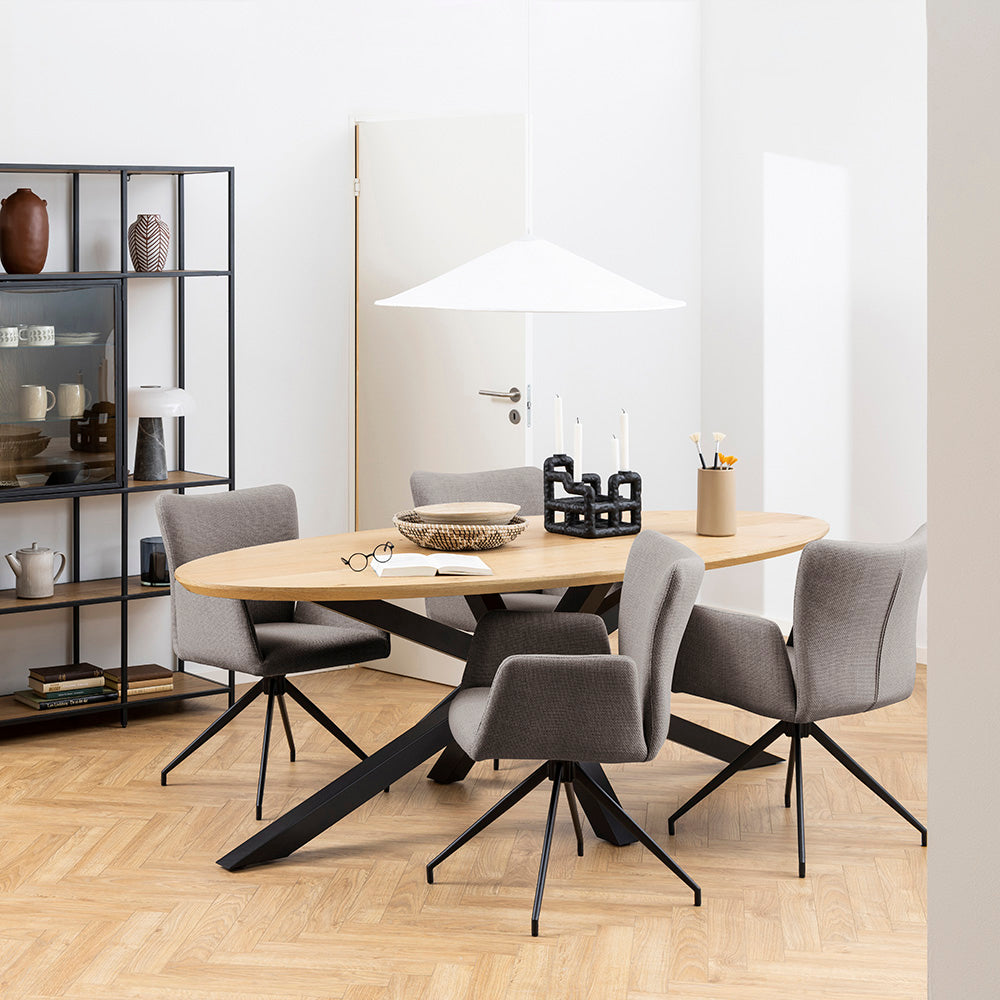 Laura Swivel Dining Chair - Grey & Black Upholstered Modern Accent Chair for Kitchen, Dining Room, or Home Office - Comfortable 360-Degree Rotating Seat with Sturdy Metal Base