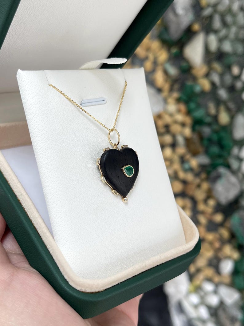 0.84tcw 14K Gold Natural Pear Cut Emerald Heart Shaped Ebony Wood Stacking Pendant - Perfect for Layering Necklaces, Gift for Her, Valentine's Day & Anniversary Jewelry