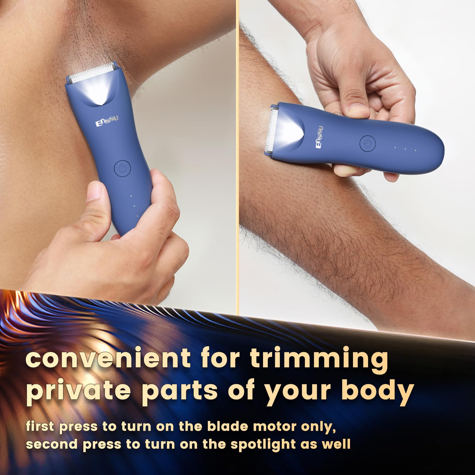 ENSSU Rechargeable Men's Body Hair Trimmer with LED Light & Waterproof Design - Pubic, Chest & Ball Trimmer with Charging Dock & Indicator (Blue) - Perfect for Travel, Gym & Home Grooming