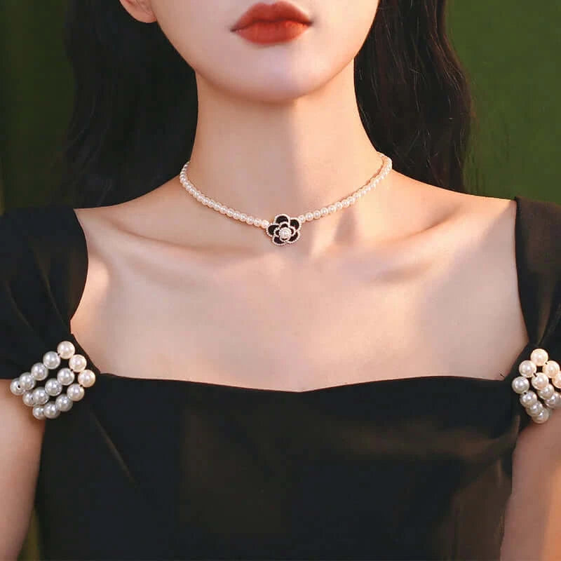 Pearl Bead Camellia Choker Necklace for Women - Elegant Floral Pearl Necklace Jewelry Gift (HN2357) | Perfect for Weddings, Parties, and Special Occasions