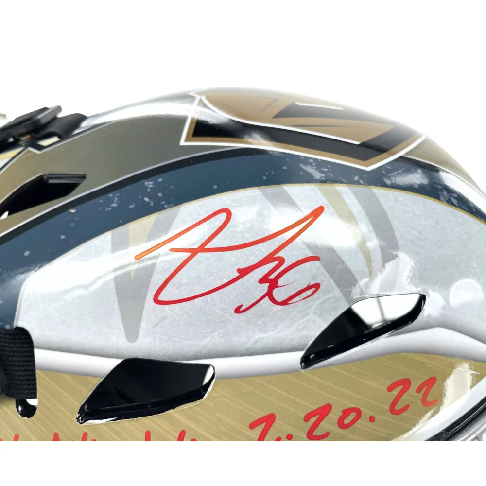 Logan Thompson Autographed Vegas Golden Knights Goalie Mask - First Win Inscribed - VGK IGM COA Certified - Perfect for Hockey Fans & Collectors - Display in Man Cave, Sports Room, or Office