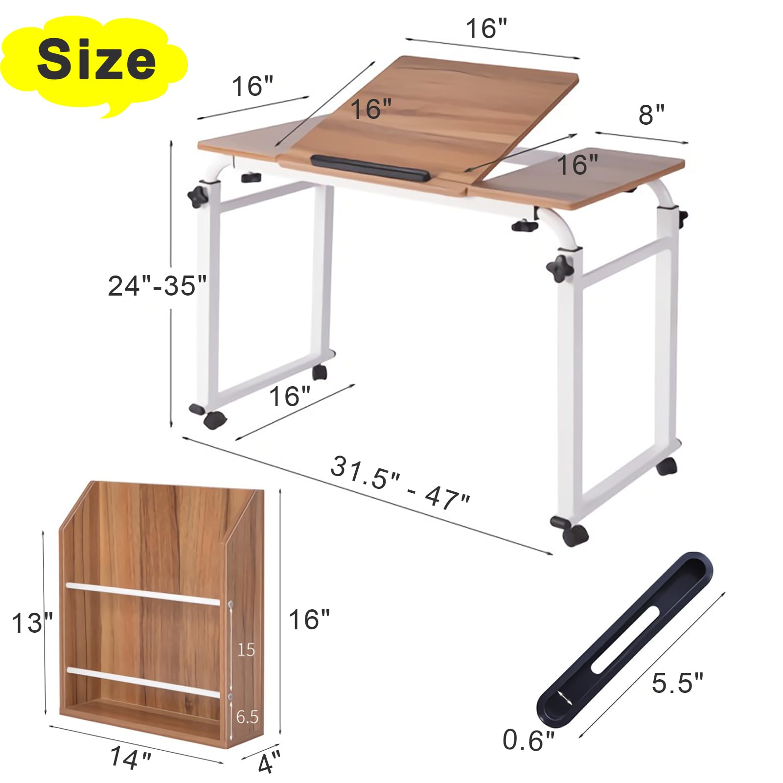 Adjustable Overbed Table with Wheels - Mobile Laptop Desk Cart with Tilt Stand & Storage Shelf - Rolling Tray Table for Hospital, Home Office, Bedroom (White, 31