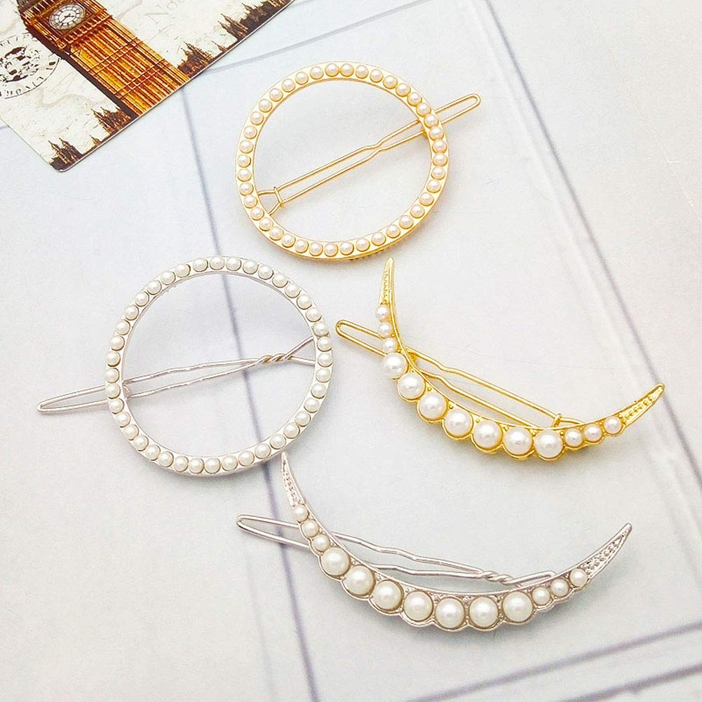 4 Pcs Pearl Hair Clips - Metal Moon Circle Shaped Frog Buckle Hairpins for Women & Girls | Barrettes Hair Accessories for Wedding, Party & Everyday Use