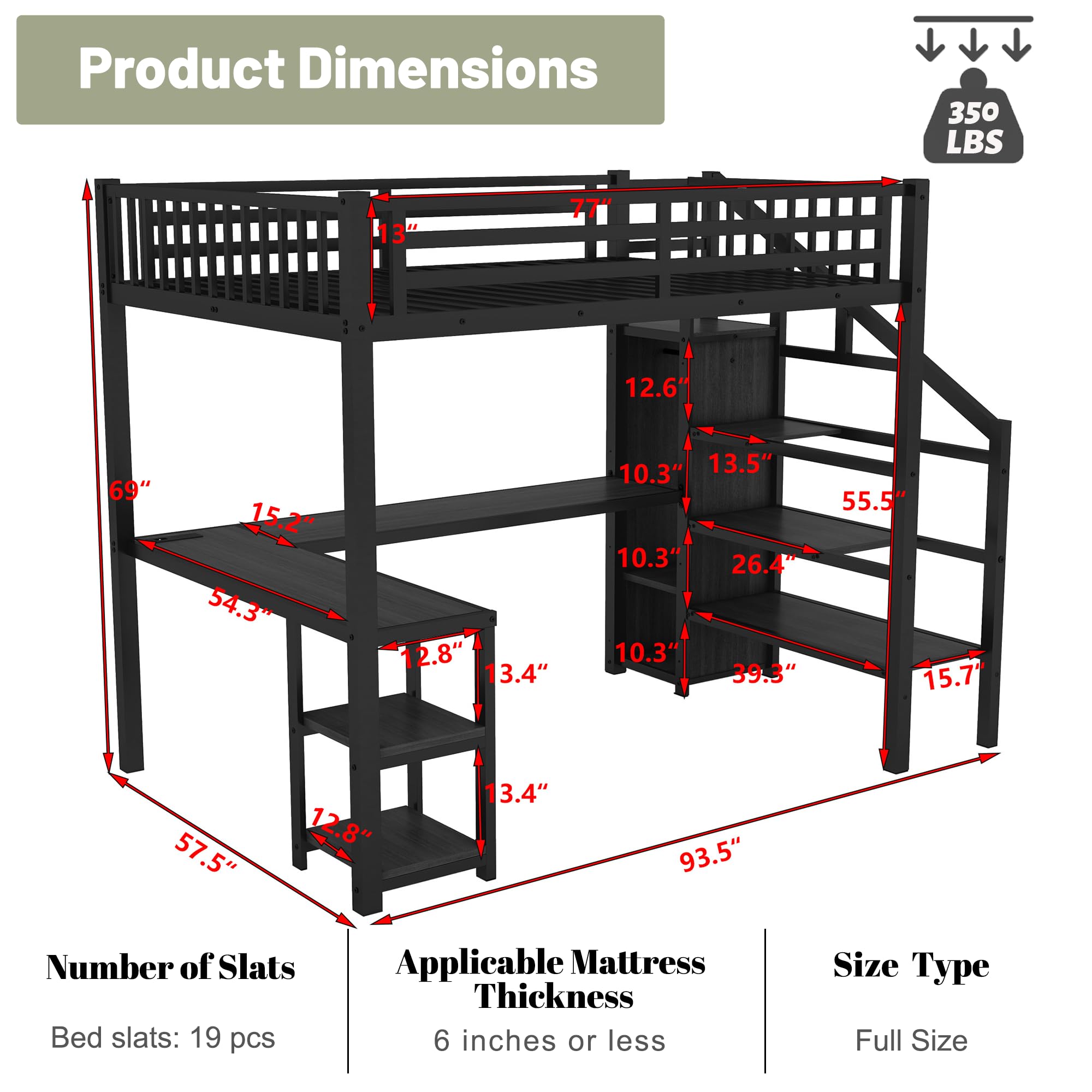 Full Size Metal Loft Bed with Stairs, Desk & RGB LED Lights - Heavy Duty Steel Gaming Loft Bed Frame with Storage Wardrobe, Shelves & Charging Station for Adults, Teens & Kids - Perfect for Small Spaces, Dorm Rooms & Gaming Setups (Black)
