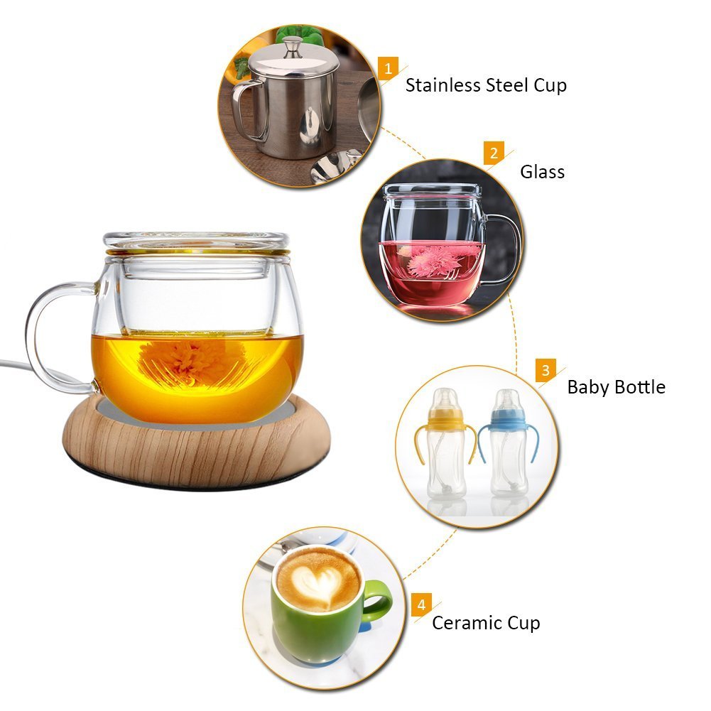 USB Coffee Mug Warmer - Electric Heating Plate for Office & Home - Wood Grain Design Keeps Coffee, Tea & Beverages Warm - Perfect for Desks, Nightstands & Gift Giving (Light Brown)