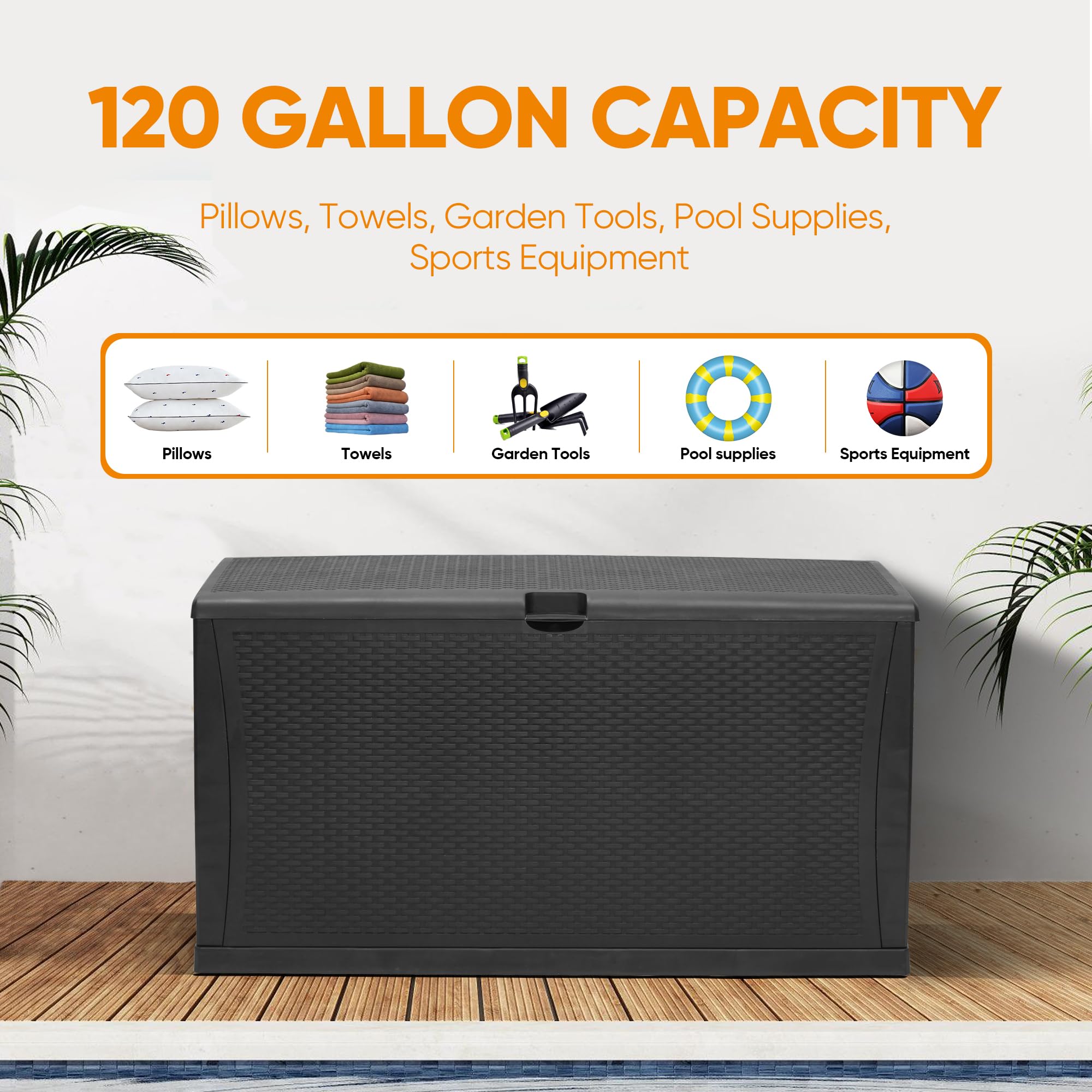120 Gallon Resin Deck Box - Weatherproof Outdoor Storage Container for Patio, Garden, Pool & Yard - Lockable Waterproof Bin for Tools, Cushions, Toys & Accessories - Perfect for Organizing Outdoor Spaces - Black