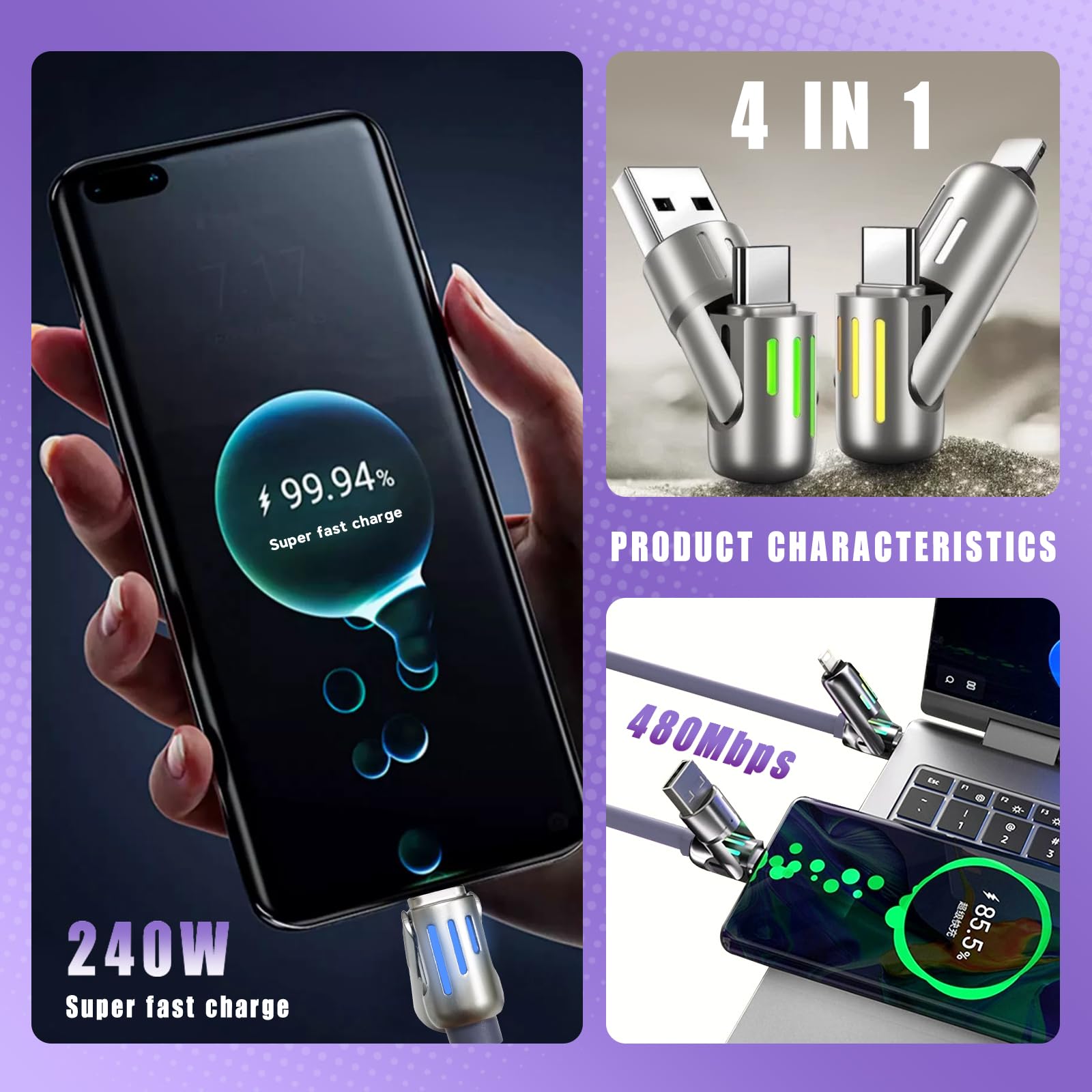 240W 4-in-1 USB C Charging Cable with Breathing Light - Fast Charger Cord for iPhone 15 Pro Max, Samsung Galaxy, Laptops & More (5FT Grey) - Perfect for Home, Office & Travel Charging Needs