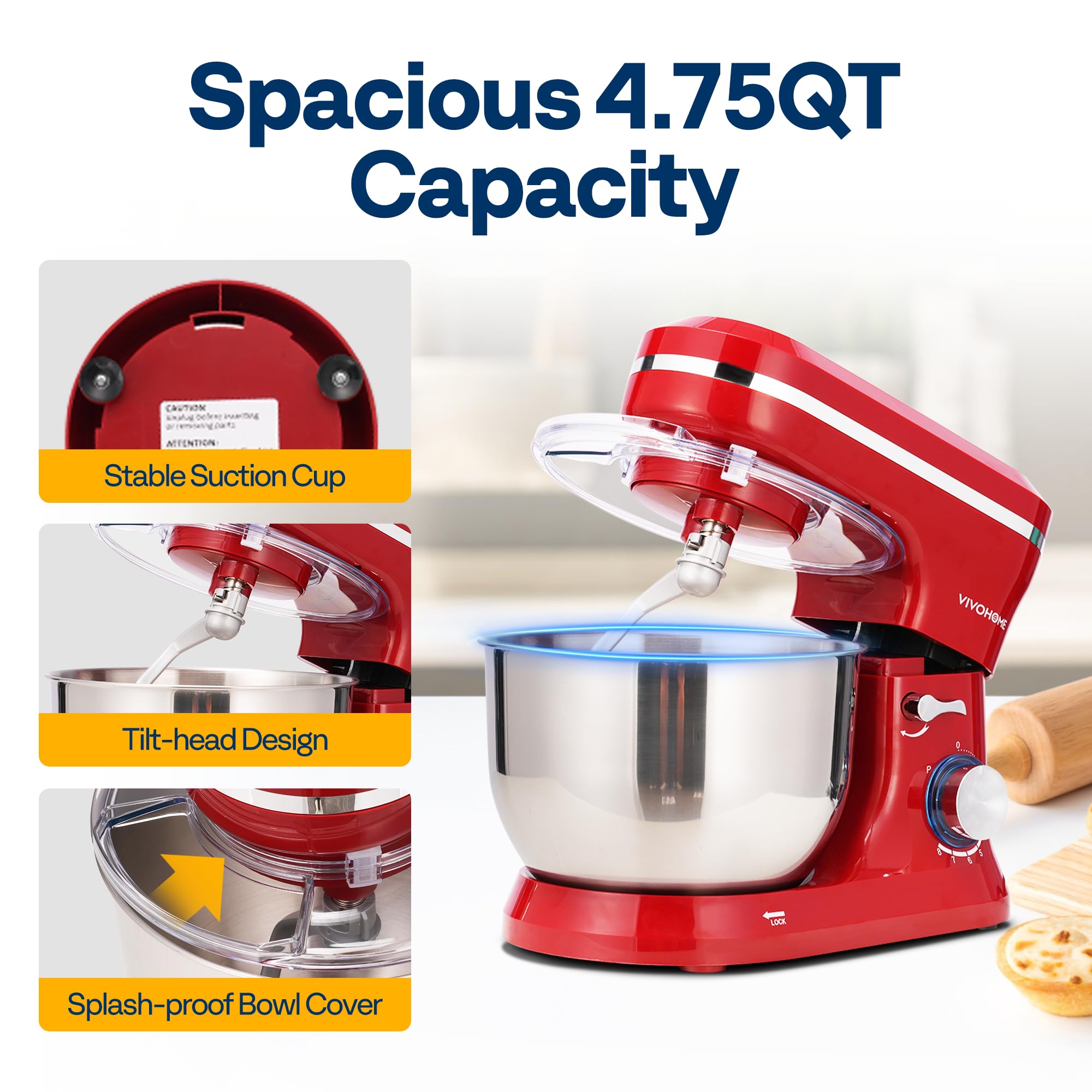 VIVOHOME 4.75 Quart Stand Mixer - 8 Speed Electric Kitchen Mixer with Beater, Dough Hook & Wire Whip for Baking Cakes, Bread, Cookies | Includes Egg Separator | Perfect for Home Bakers & Professional Chefs (Red)