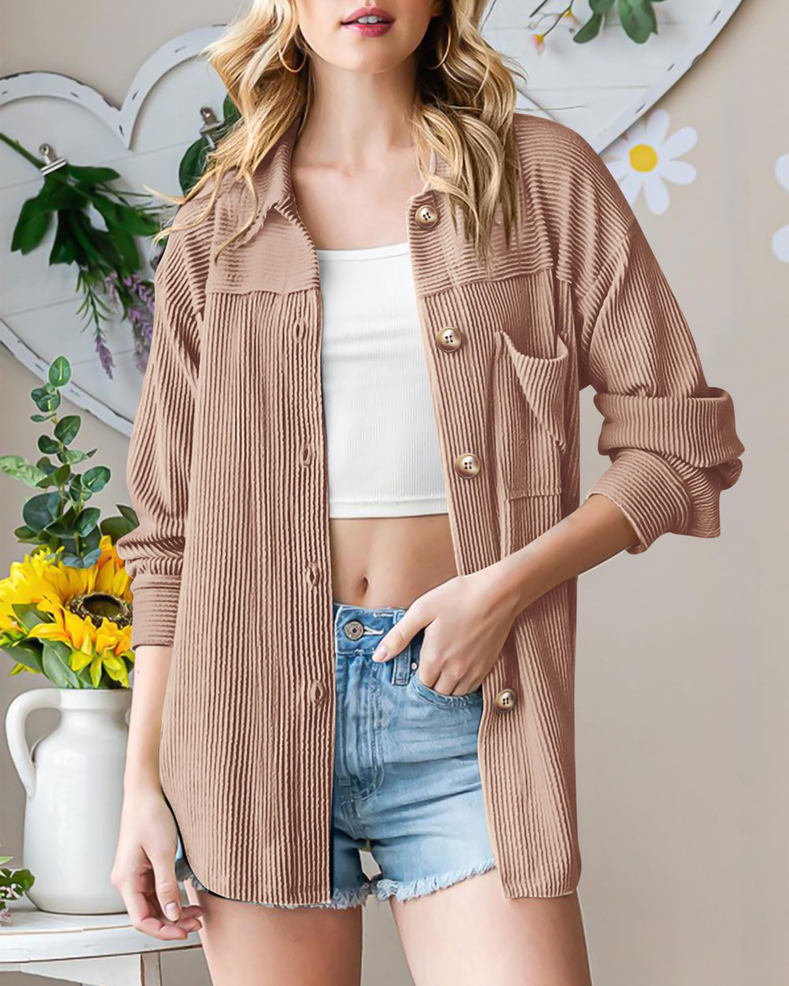 PRETTYGARDEN Women's Button Down Shacket - Long Sleeve Ribbed Knit Top with Pocket - Spring Loose Fit Work Blouse for Office, Casual Outfits & Layering