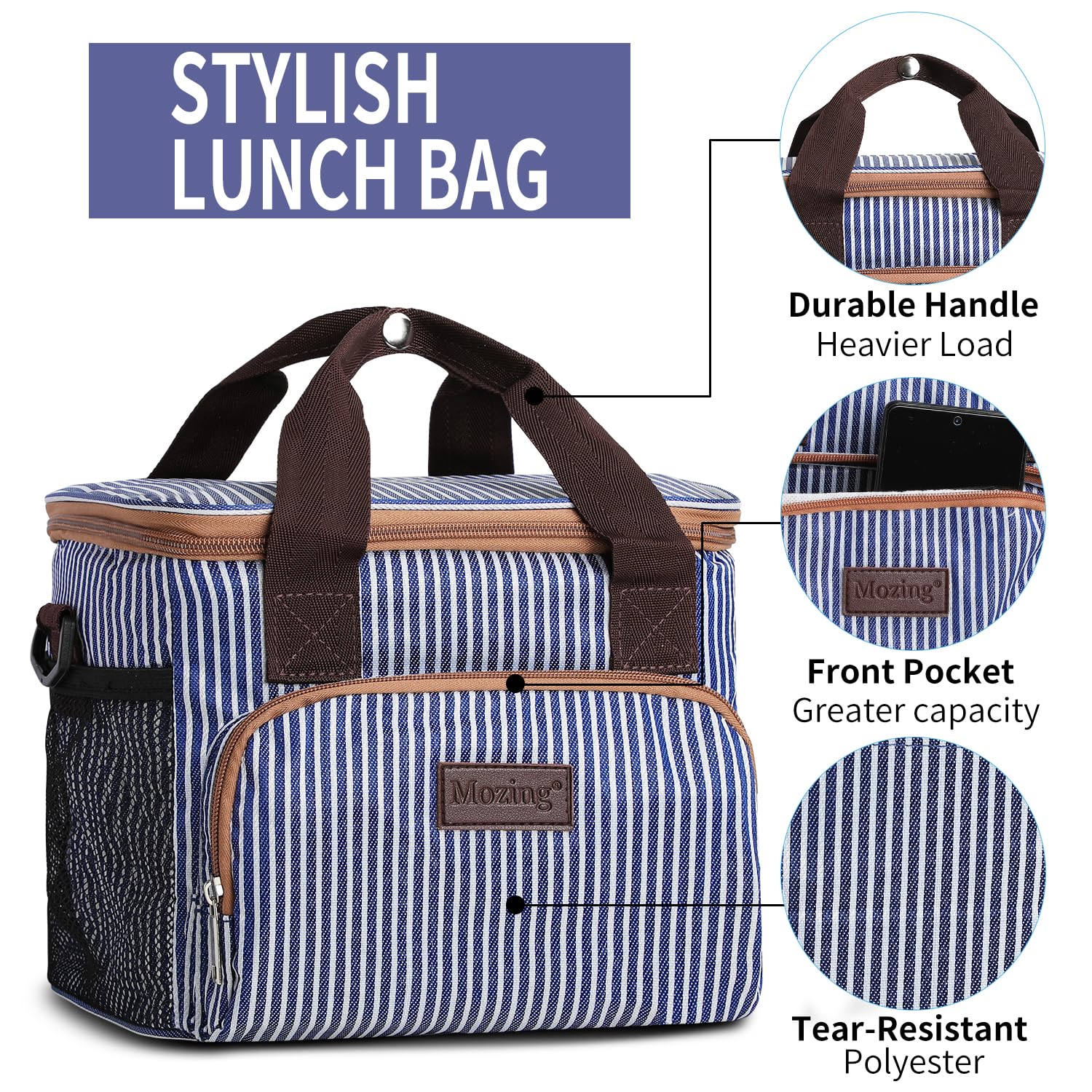 Insulated Lunch Bag for Women & Men - Reusable Lunch Box with Cooler, Leakproof Lunch Tote for Work, School, Picnic & Outdoor Activities (Blue Stripe) | Keep Food Fresh All Day